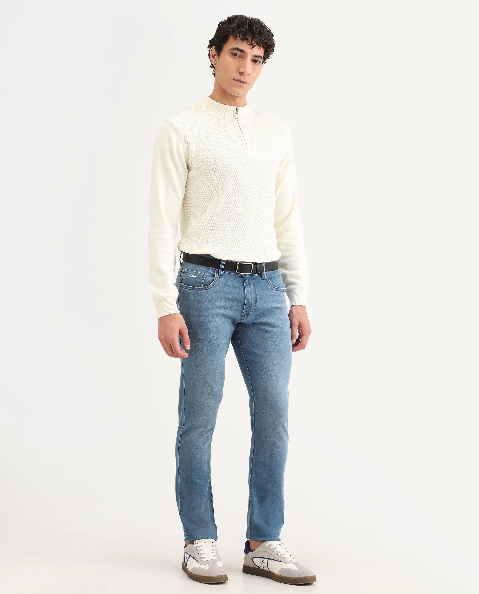 Rare Rabbit Men's Kunor Blue Cotton Blend Fabric Hawk Slim Fit Plain Jeans