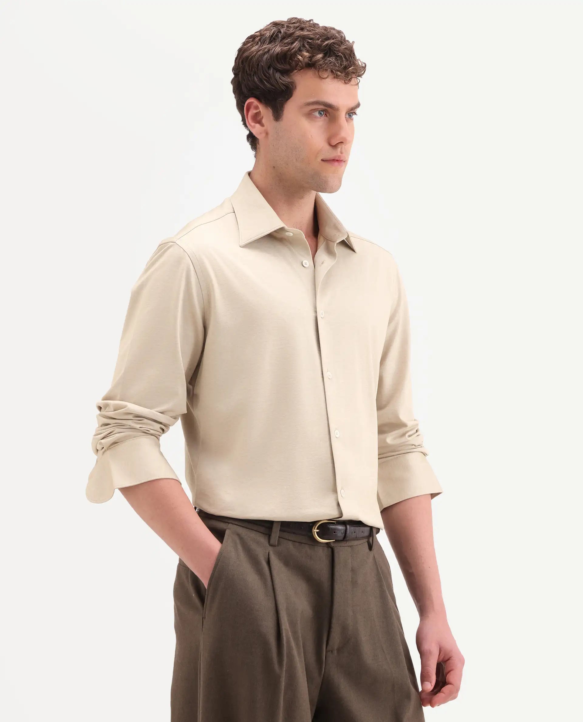 Rare Rabbit Men's Bogi Light Beige Cotton Blend Full Sleeve Spread Collar Regular Fit Plain Shirt