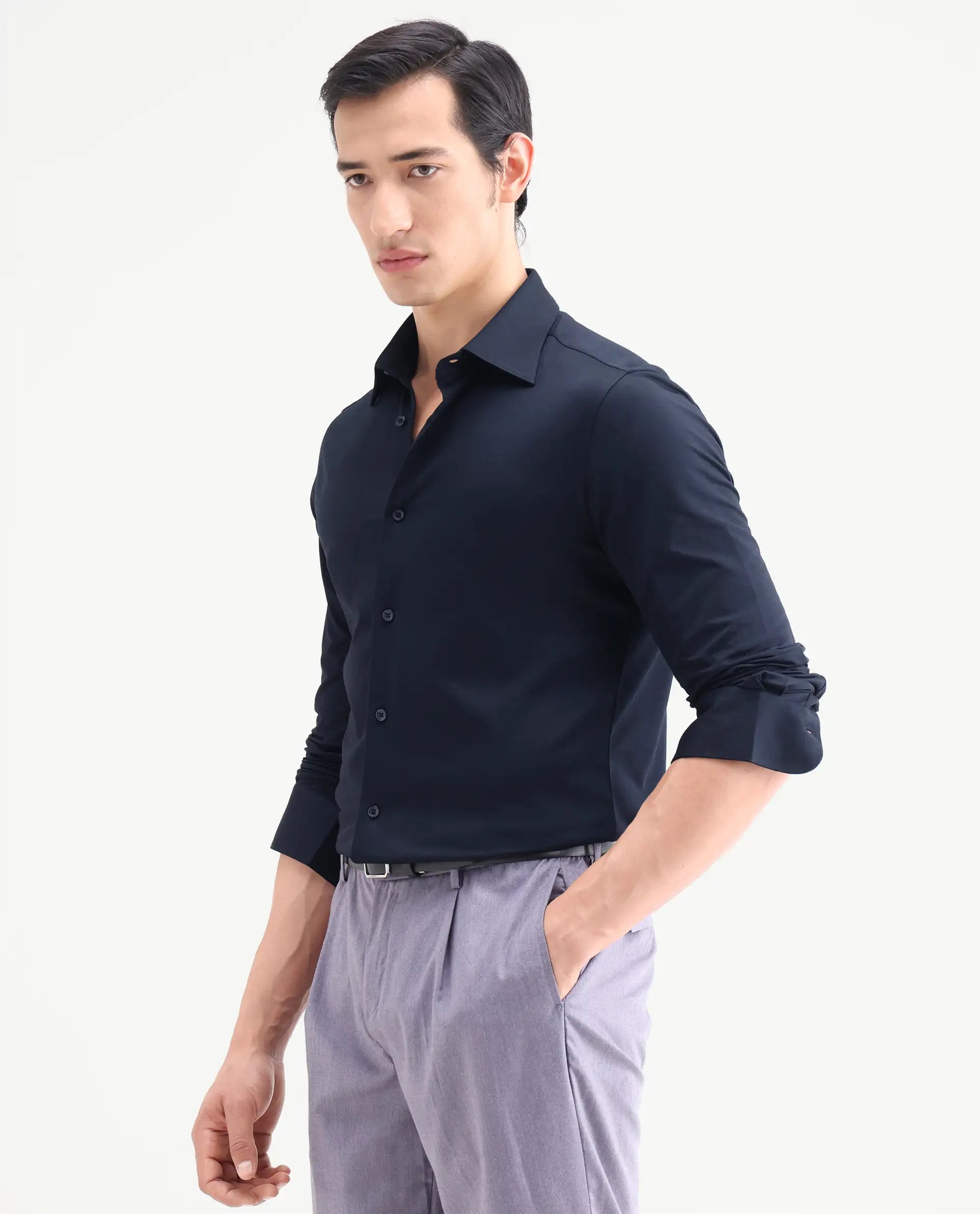 Rare Rabbit Men's Bogi Navy Cotton Blend Full Sleeve Spread Collar Regular Fit Plain Shirt