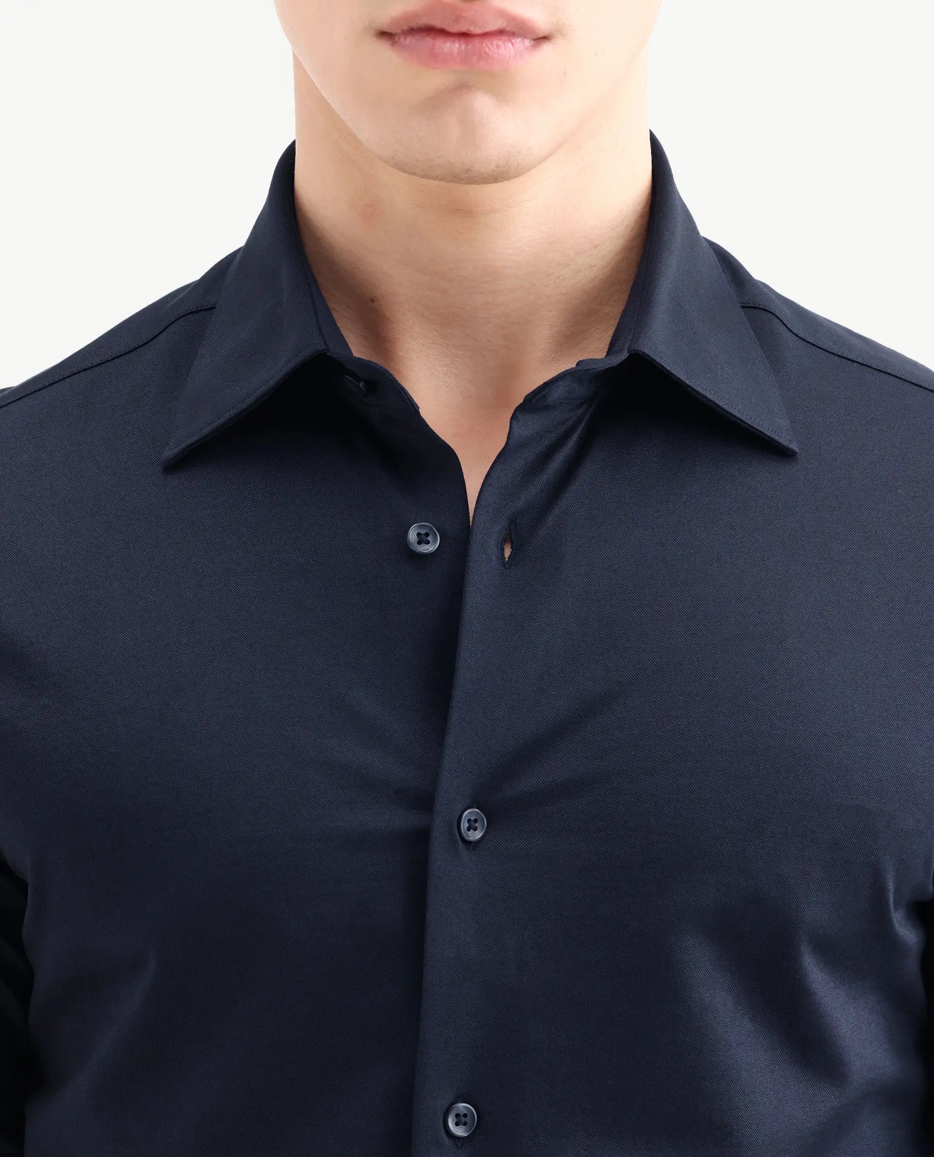 Rare Rabbit Men's Bogi Navy Cotton Blend Full Sleeve Spread Collar Regular Fit Plain Shirt