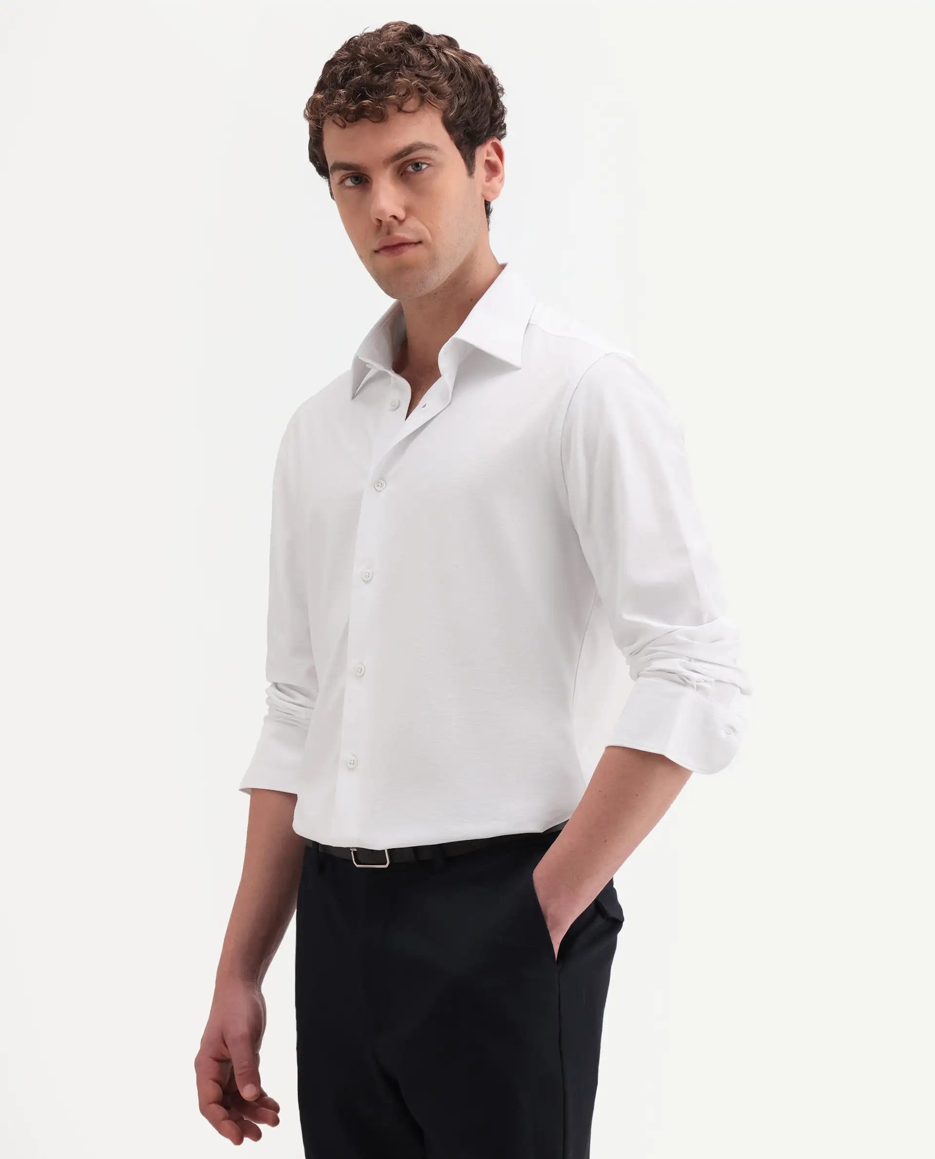 Rare Rabbit Men's Bogi White Cotton Blend Full Sleeve Spread Collar Regular Fit Plain Shirt