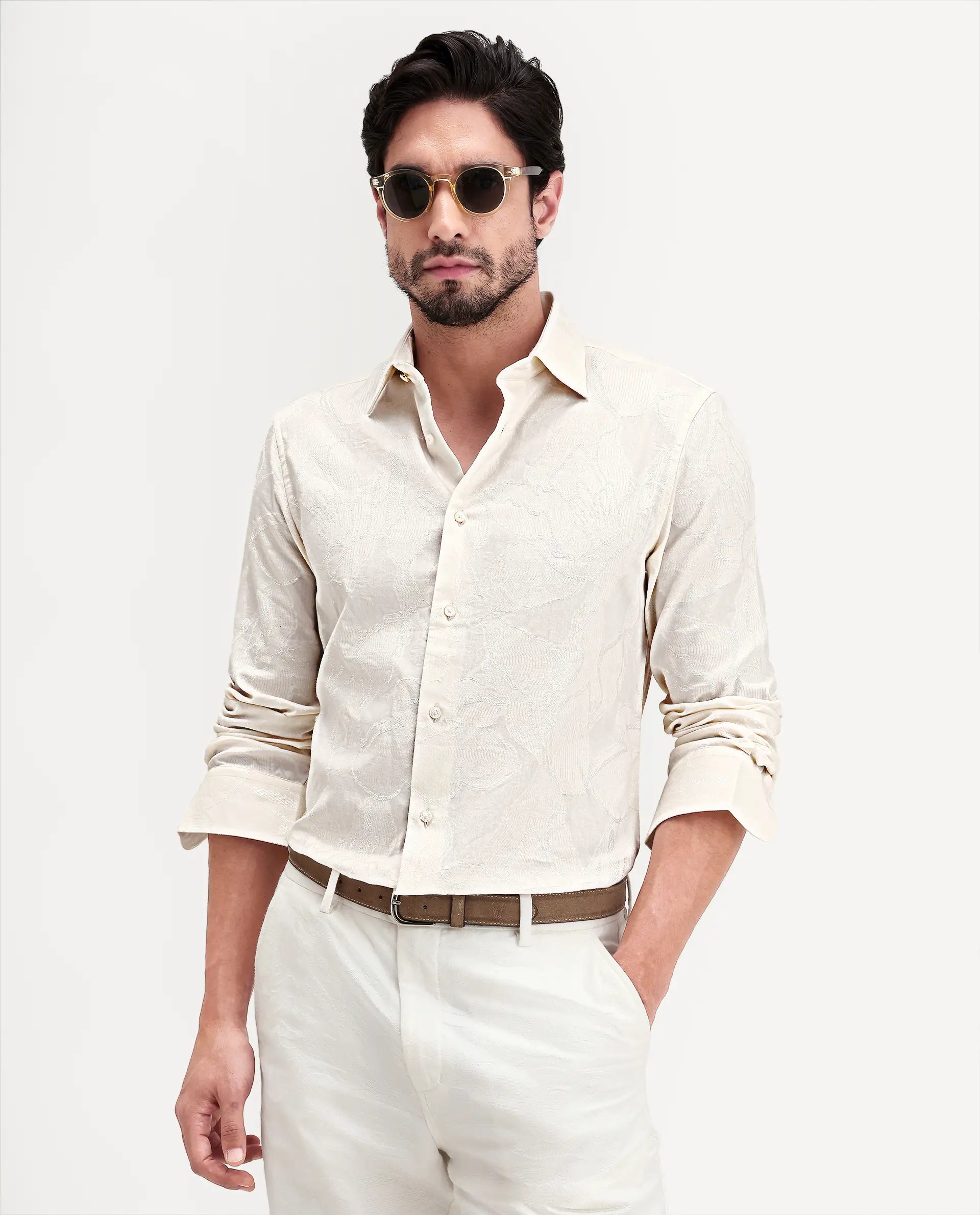 Rare Rabbit Men's Daqo-Ls Off White Cotton Full Sleeve Spread Collar Regular Fit Jacquard Shirt