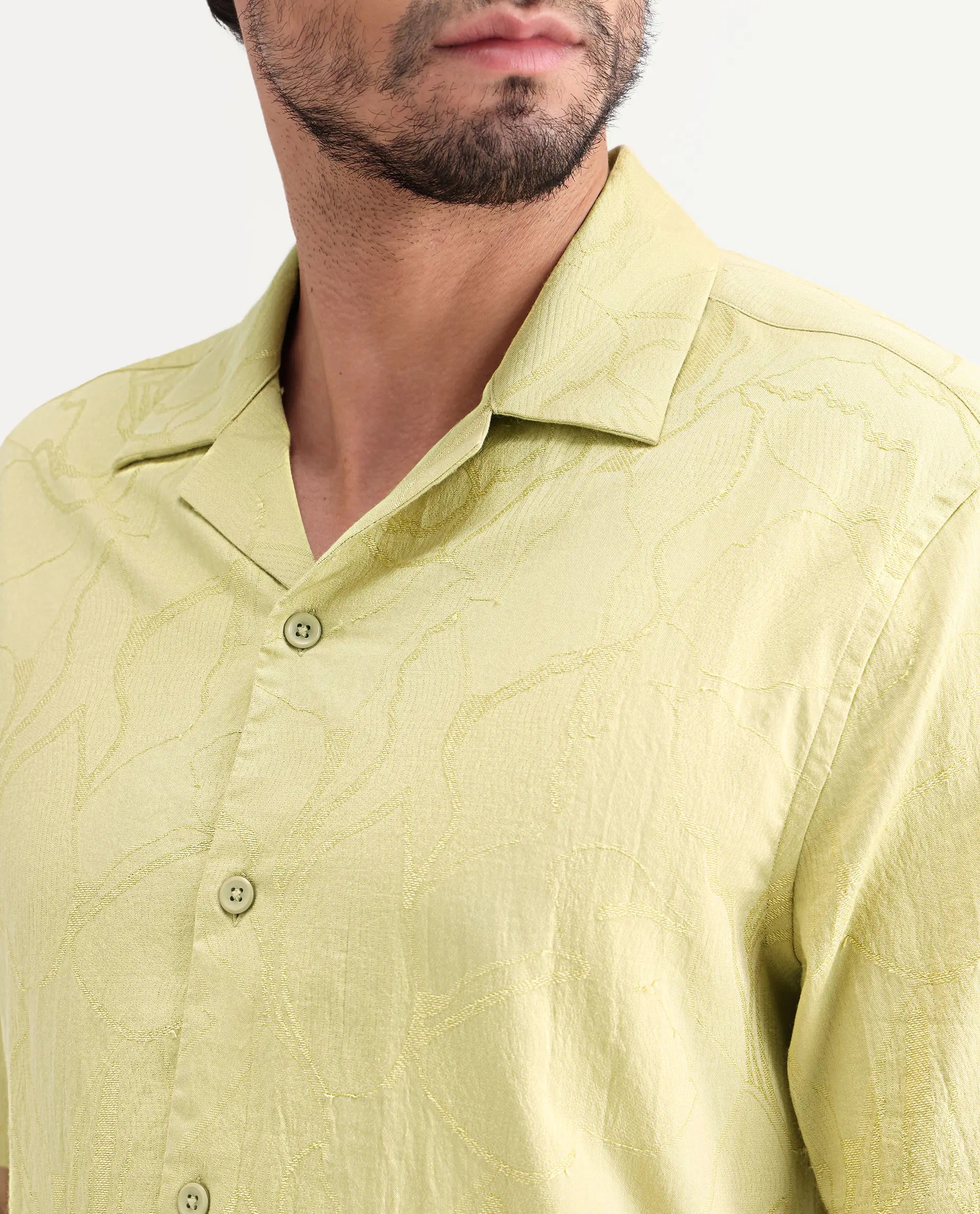Rare Rabbit Men's Daqo-Ss Flourscent Green Cotton Half Sleeve Cuban Collar Regular Fit Jacquard Shirt