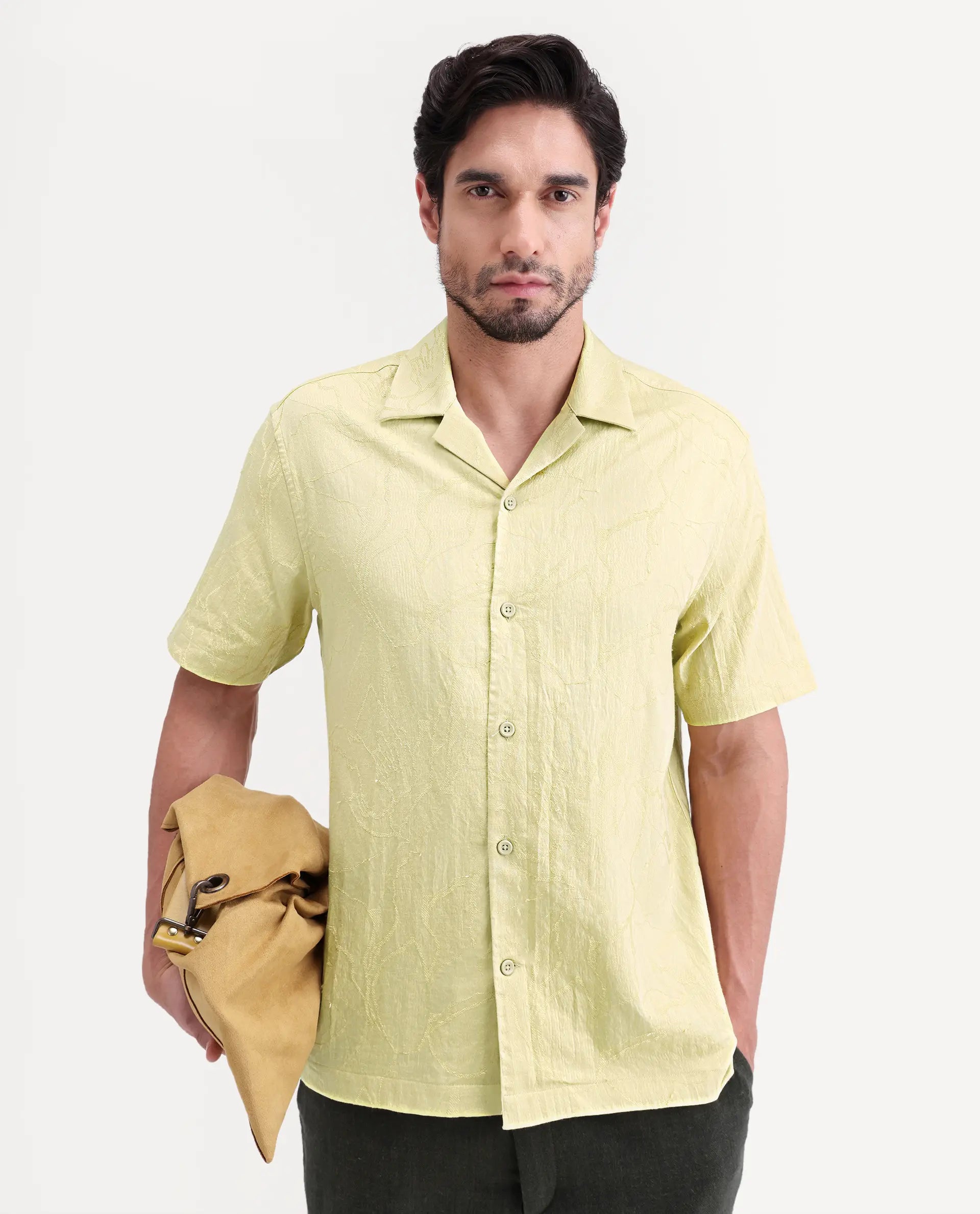 Rare Rabbit Men's Daqo-Ss Flourscent Green Cotton Half Sleeve Cuban Collar Regular Fit Jacquard Shirt