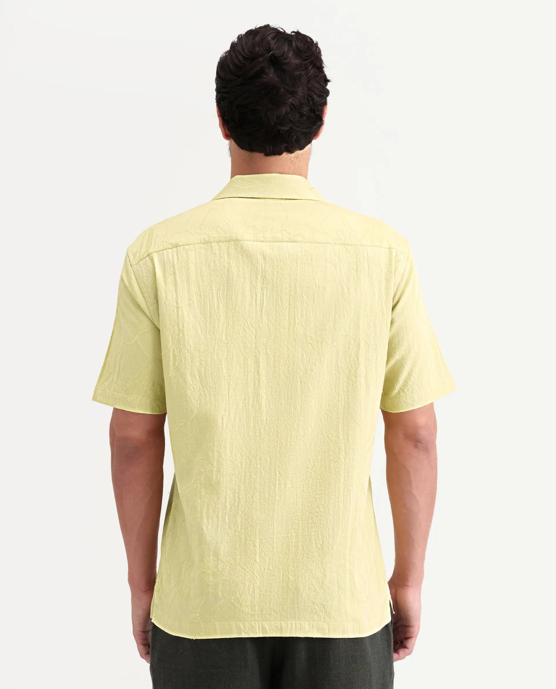 Rare Rabbit Men's Daqo-Ss Flourscent Green Cotton Half Sleeve Cuban Collar Regular Fit Jacquard Shirt