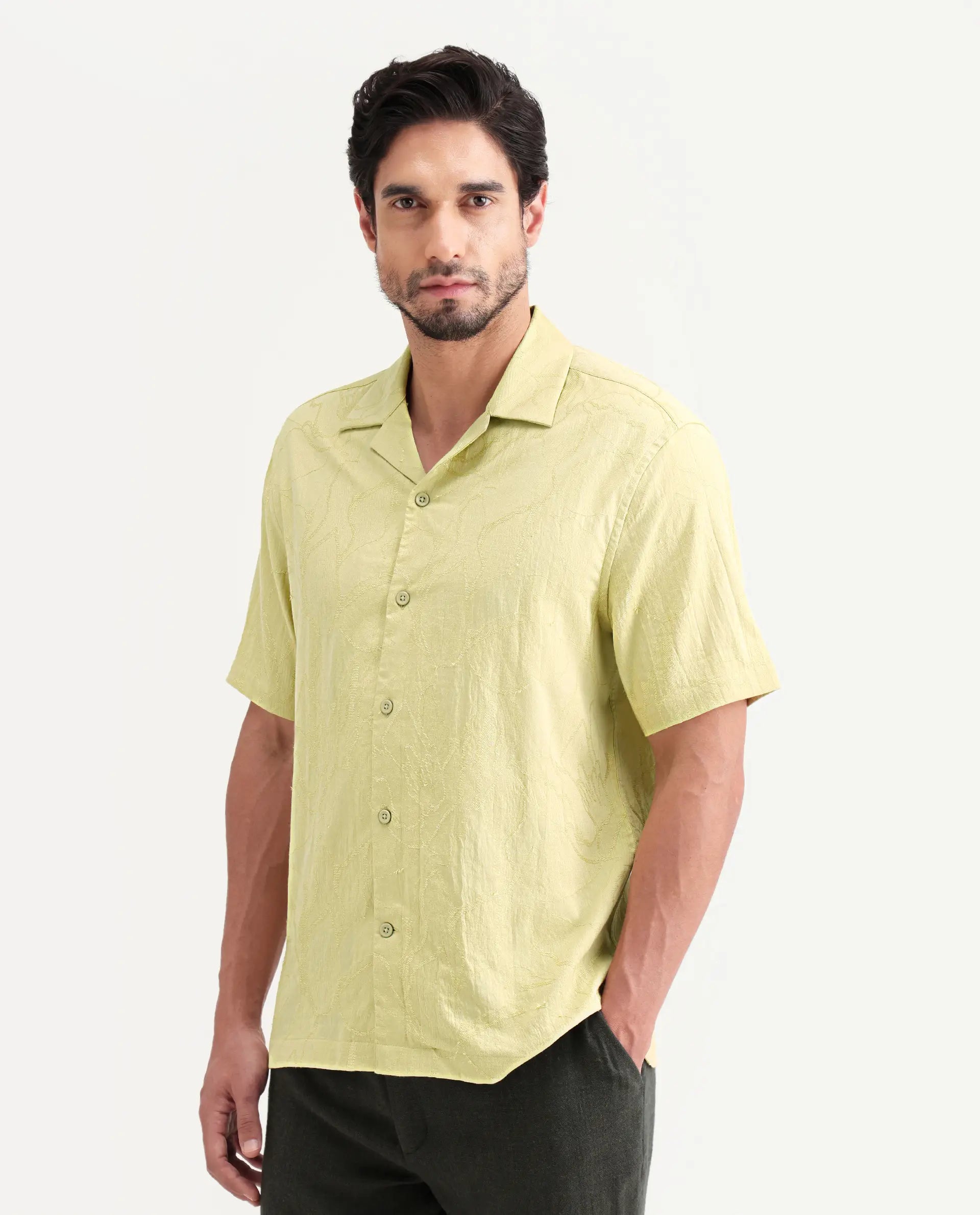 Rare Rabbit Men's Daqo-Ss Flourscent Green Cotton Half Sleeve Cuban Collar Regular Fit Jacquard Shirt