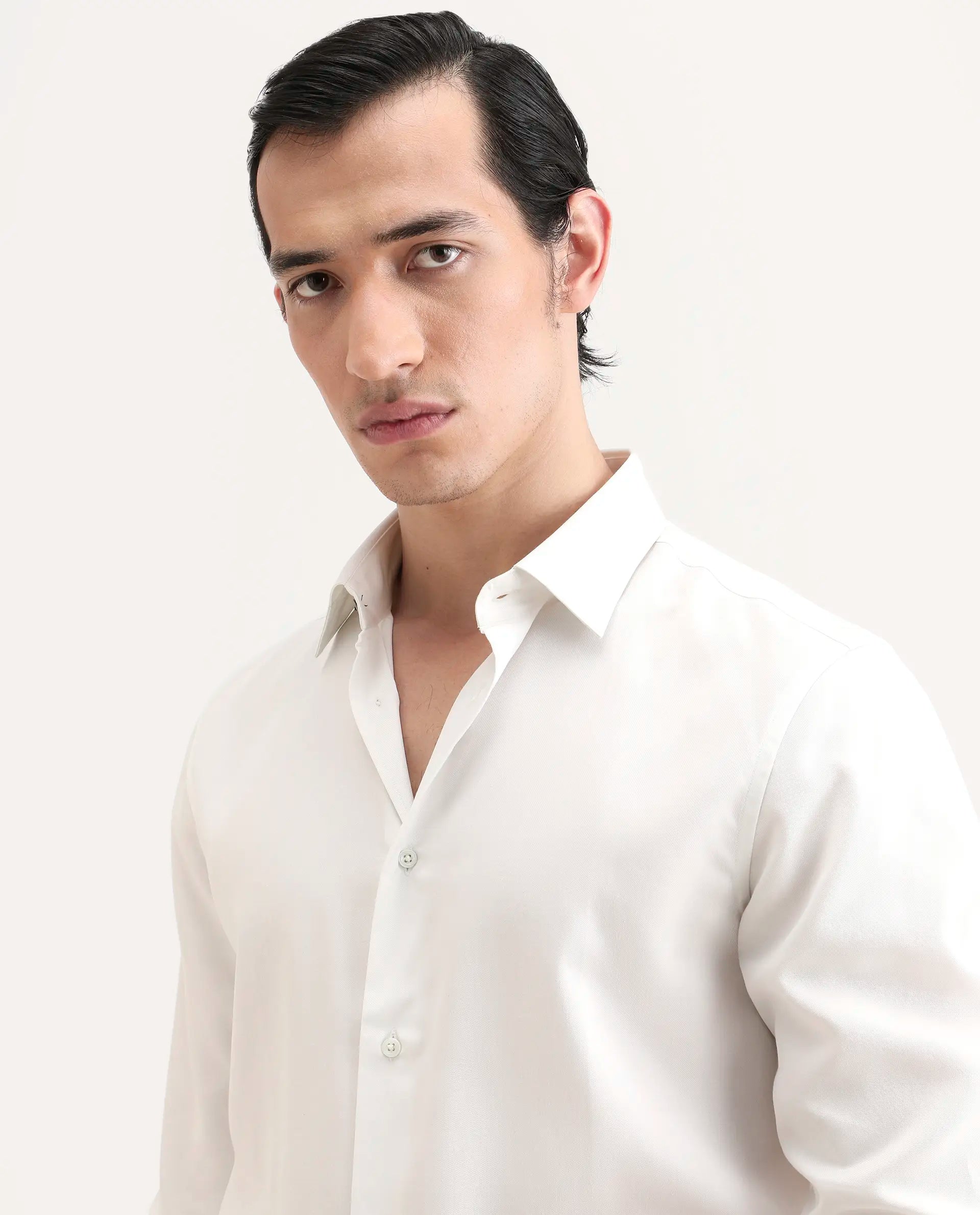 Rare Rabbit Men's Dream White Tencel Fabric Full Sleeve Spread Collar Regular Fit Plain Shirt