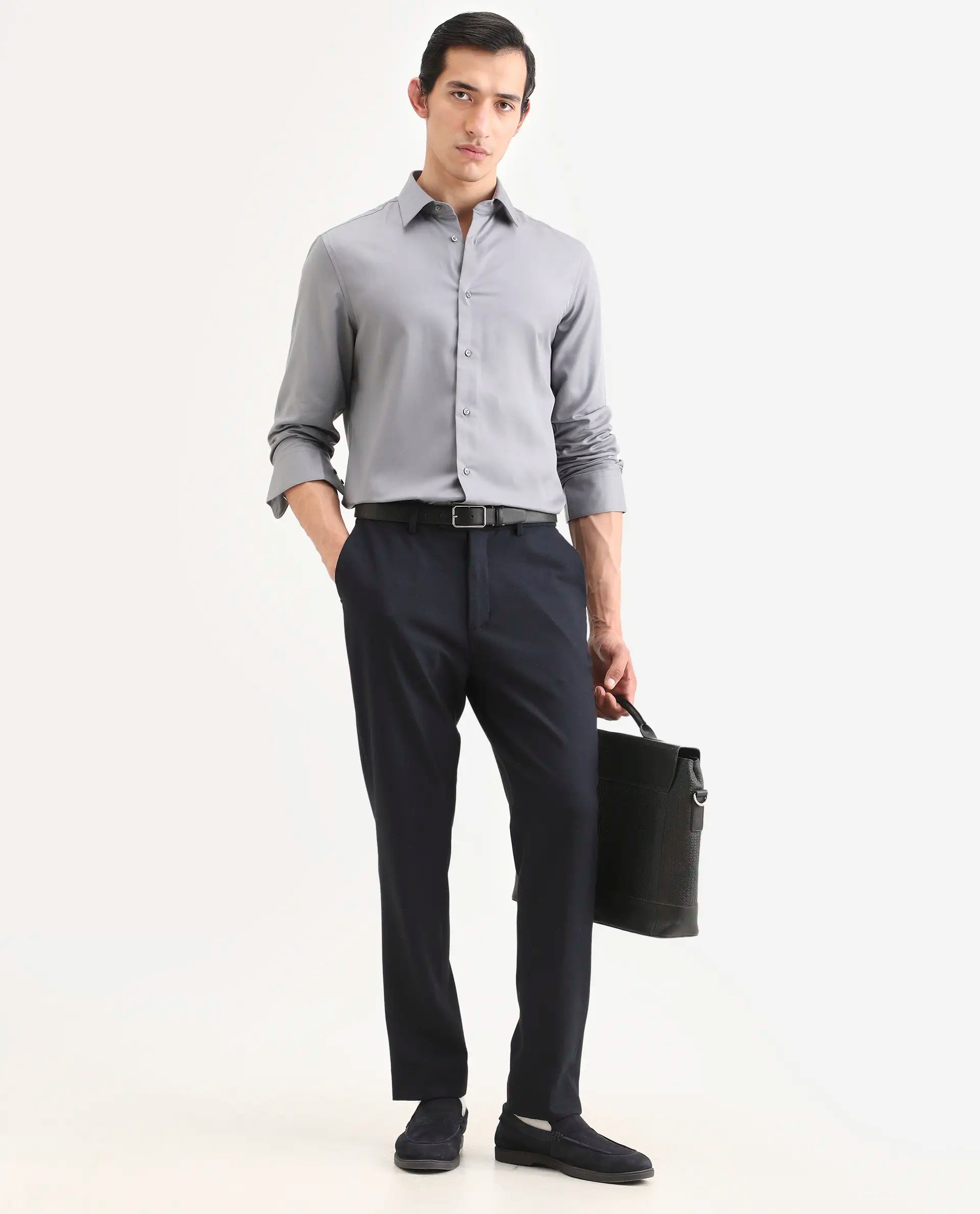 Rare Rabbit Men's Dream Pastel Grey Tencel Fabric Full Sleeve Spread Collar Regular Fit Plain Shirt
