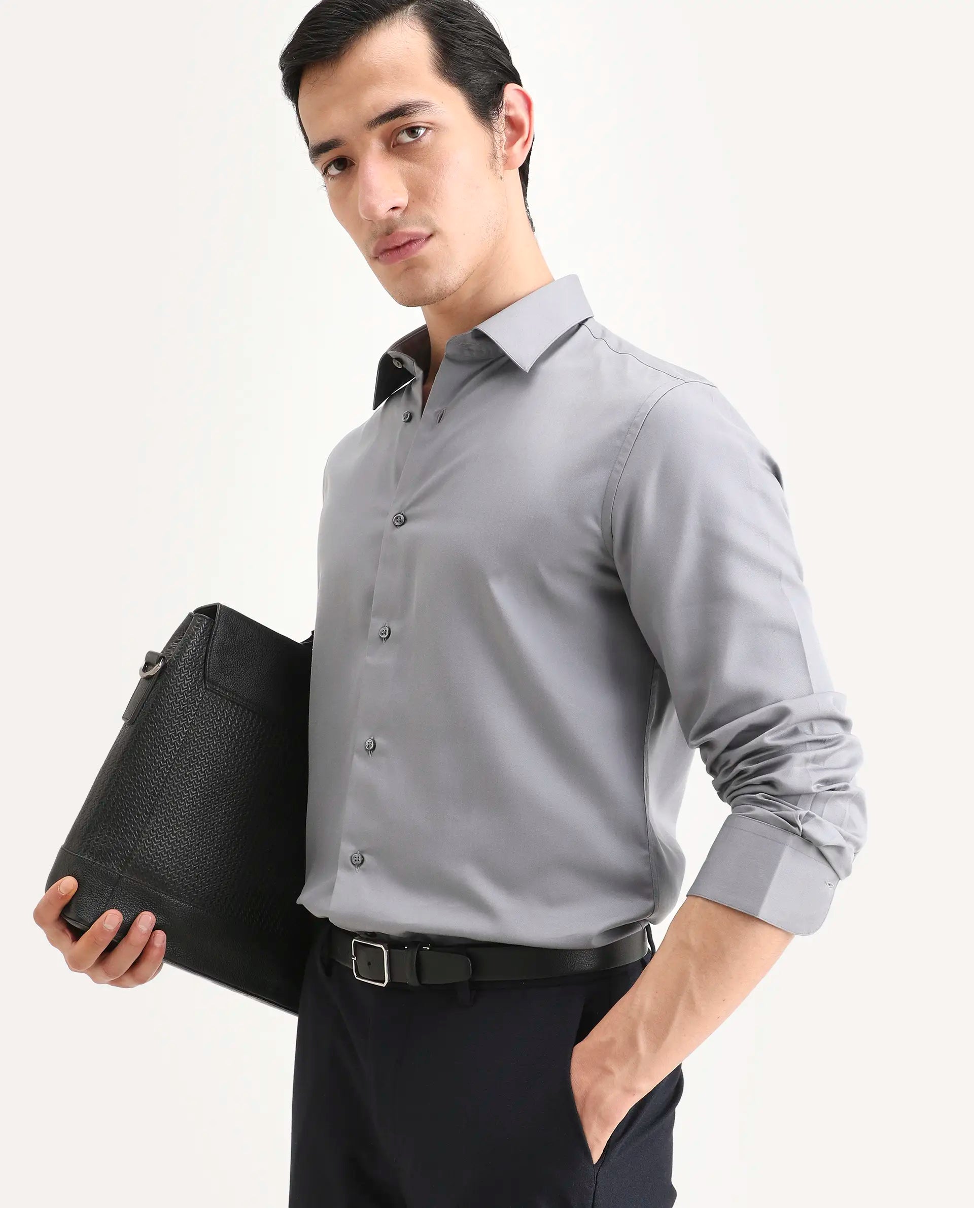 Rare Rabbit Men's Dream Pastel Grey Tencel Fabric Full Sleeve Spread Collar Regular Fit Plain Shirt