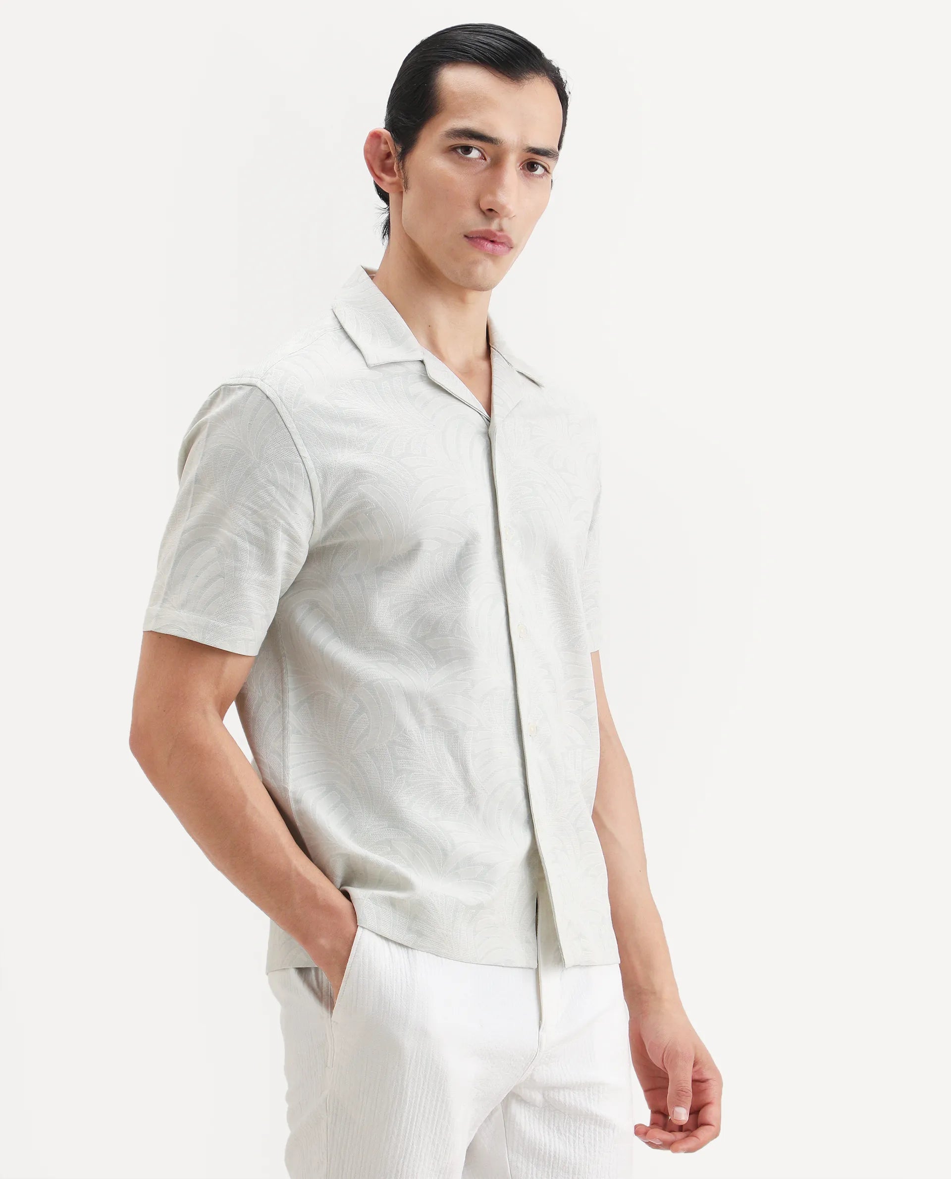 Rare Rabbit Men's Fira Off White Cotton Blend Half Sleeve Cuban Collar Regular Fit Jacquard Shirt