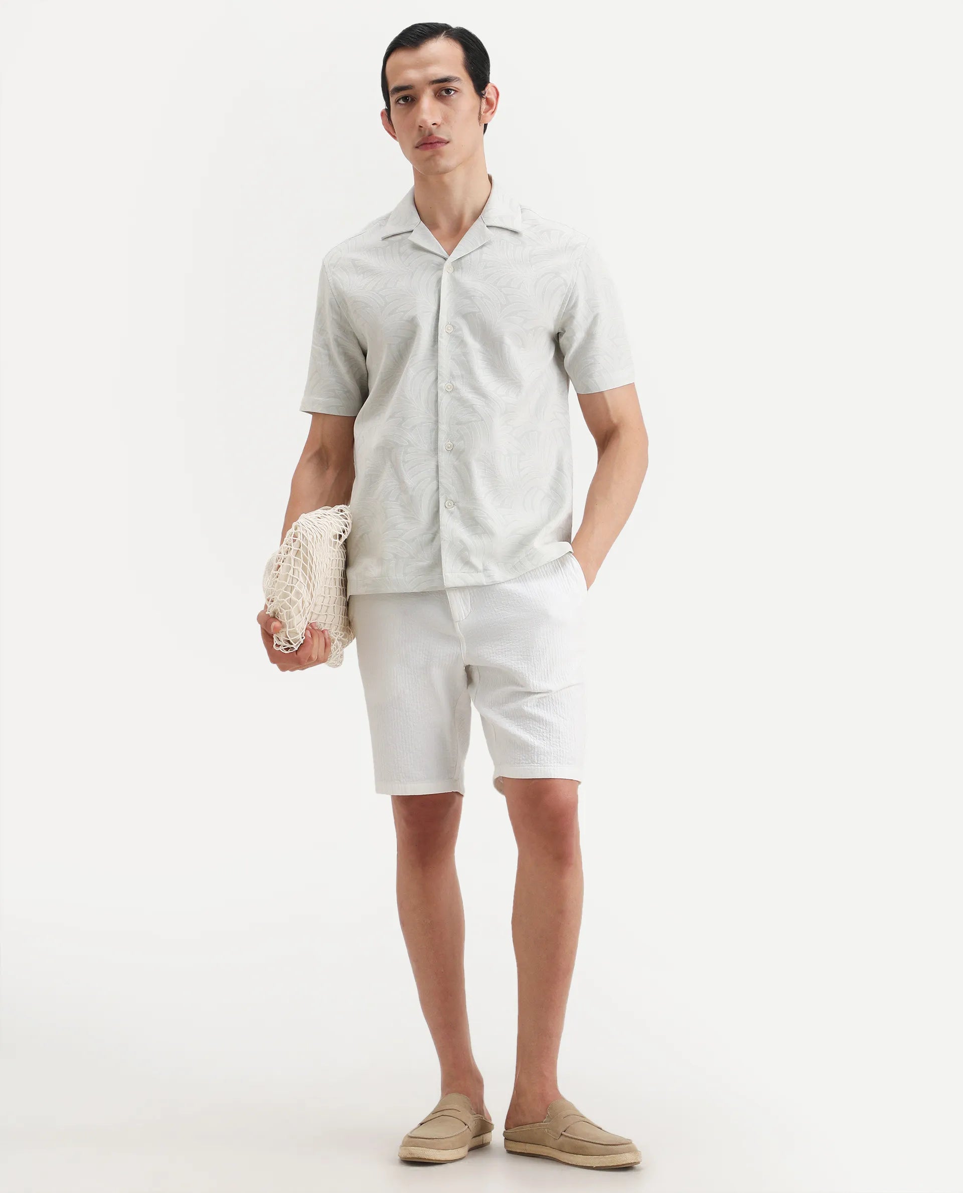 Rare Rabbit Men's Fira Off White Cotton Blend Half Sleeve Cuban Collar Regular Fit Jacquard Shirt