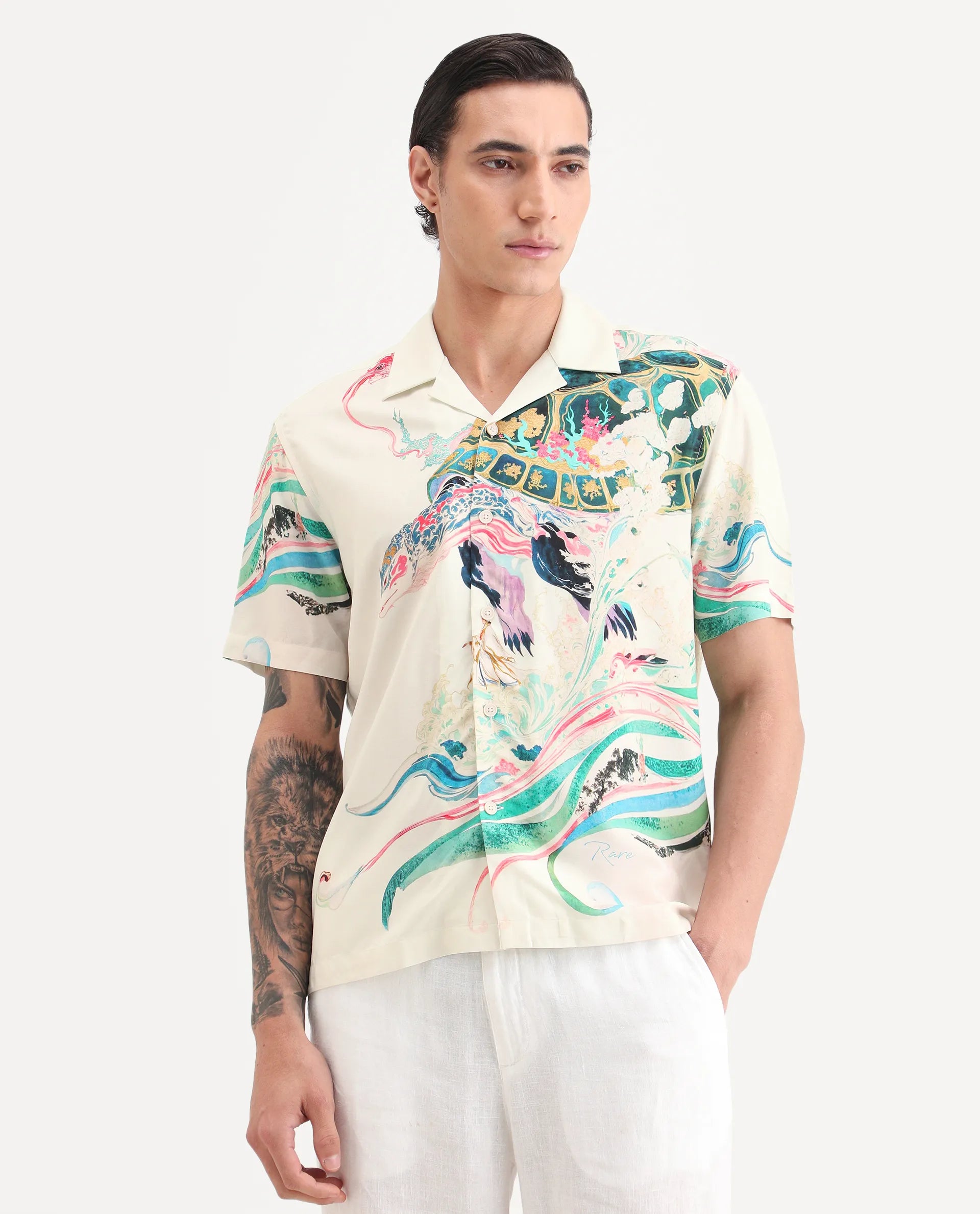 Rare Rabbit Men's Hani Off White Viscose Fabric Half Sleeve Cuban Collar Regular Fit Abstract Print Shirt