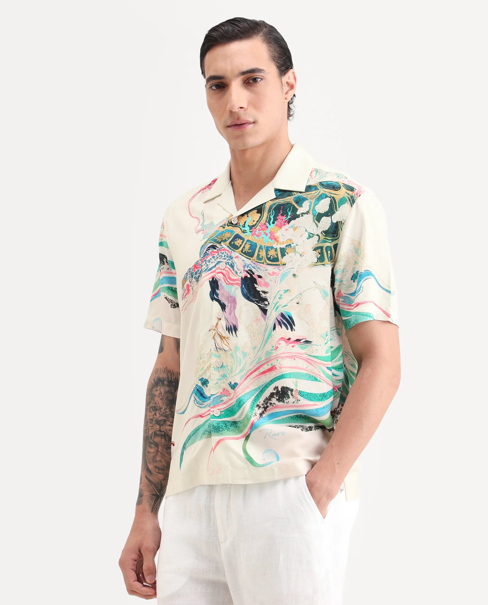 Rare Rabbit Men's Hani Off White Viscose Fabric Half Sleeve Cuban Collar Regular Fit Abstract Print Shirt