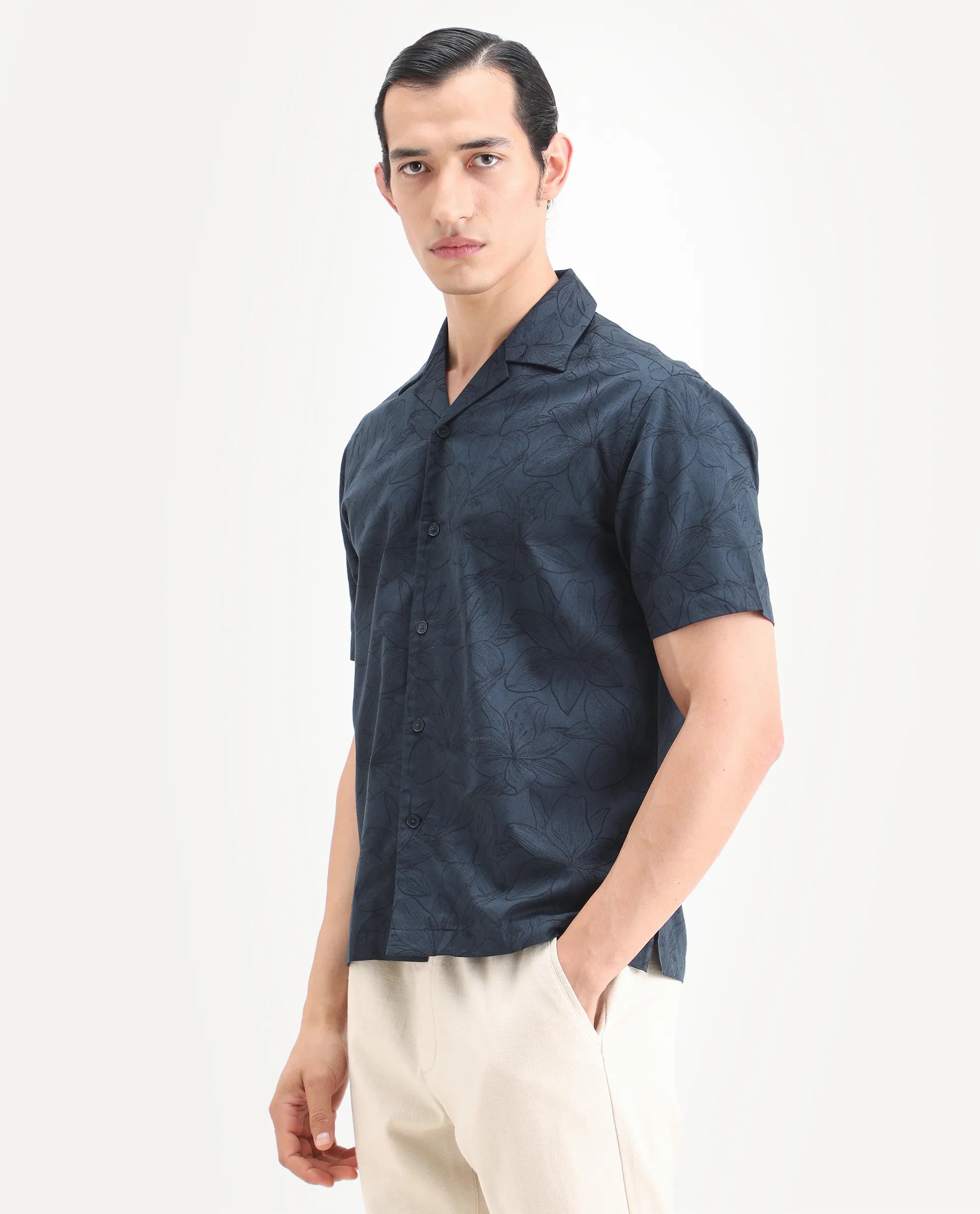Rare Rabbit Men's Zyrn Navy Cotton Blend Half Sleeve Cuban Collar Regular Fit Jacquard Shirt