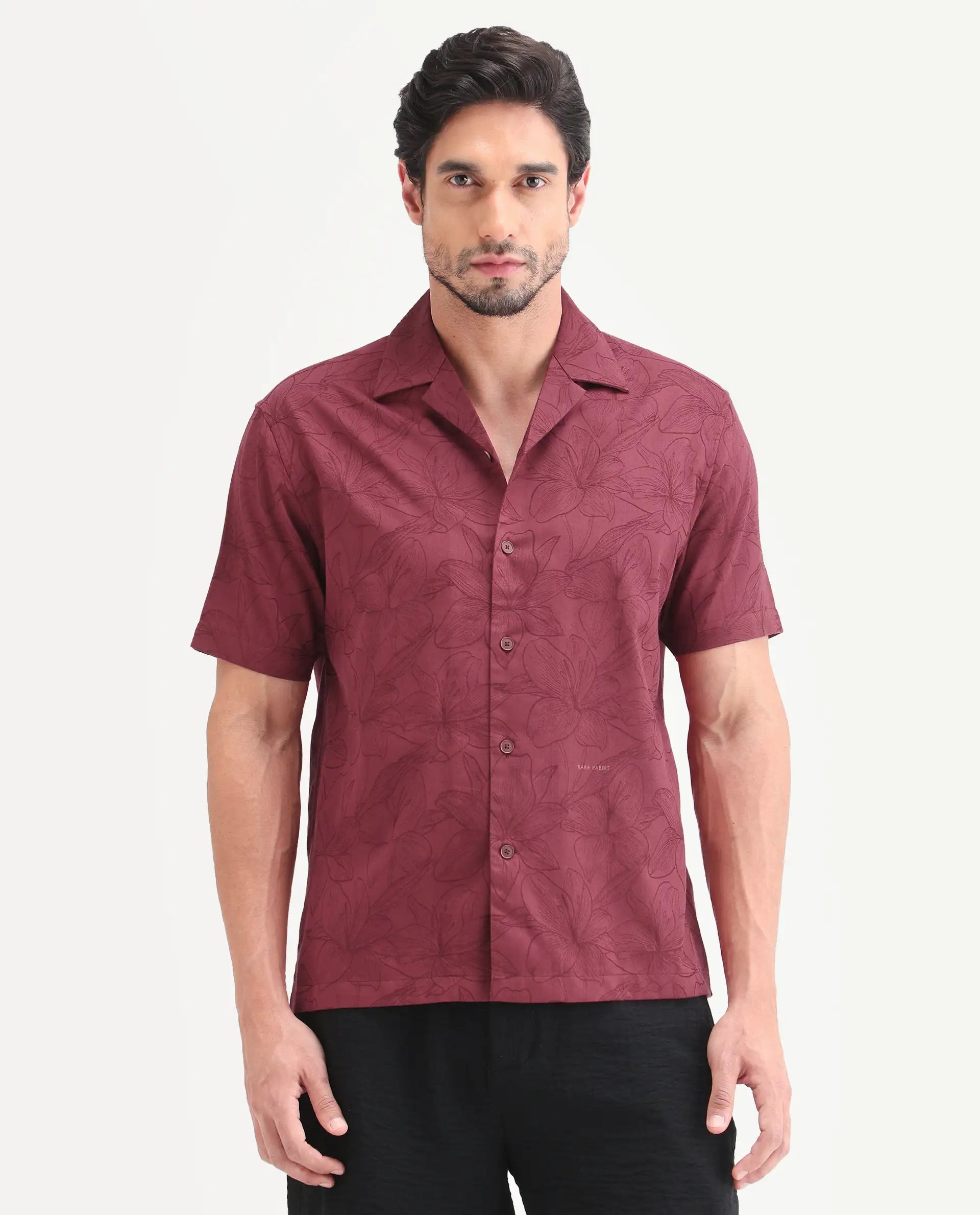 Rare Rabbit Men's Zyrn Red Cotton Blend Half Sleeve Cuban Collar Regular Fit Jacquard Shirt