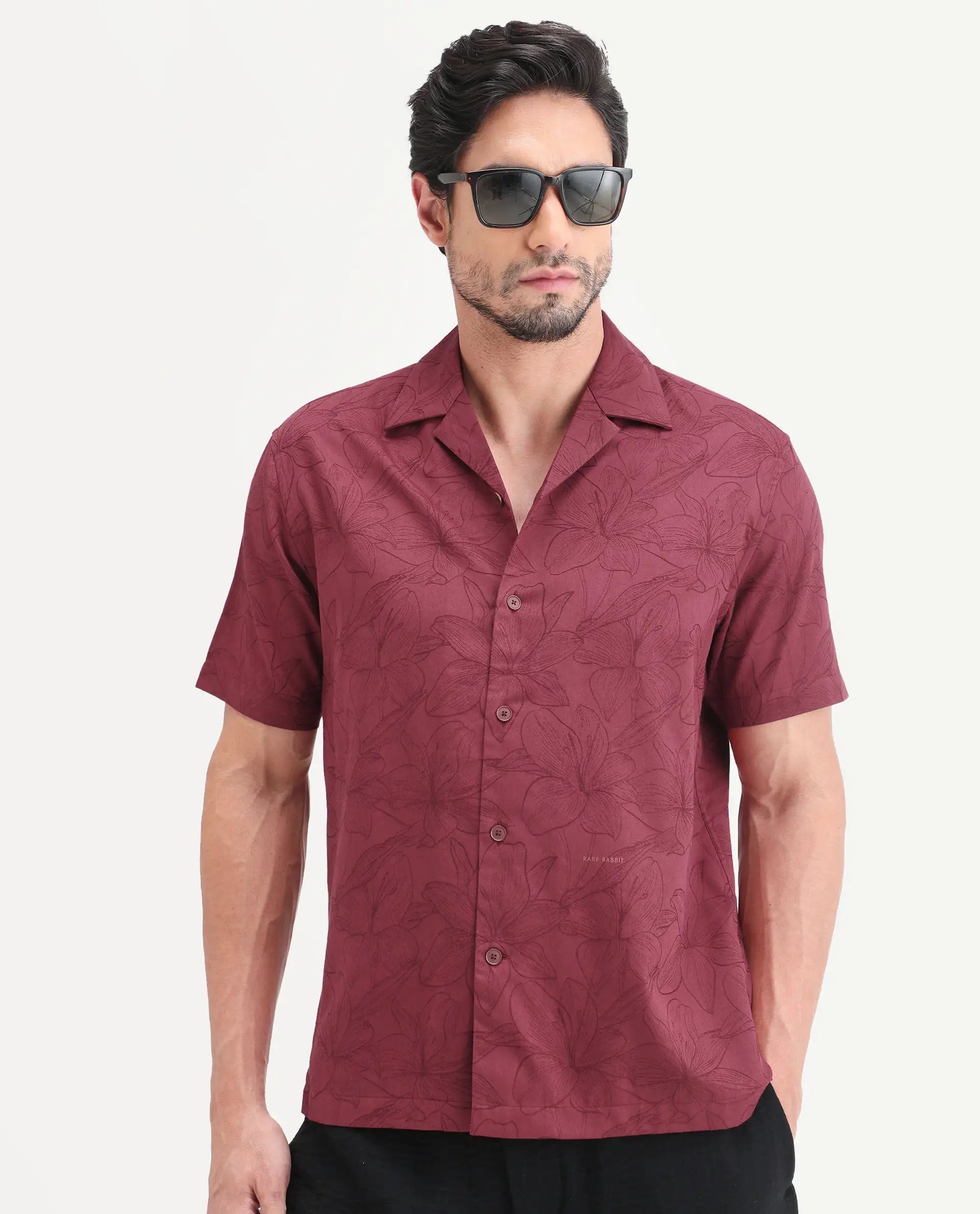 Rare Rabbit Men's Zyrn Red Cotton Blend Half Sleeve Cuban Collar Regular Fit Jacquard Shirt