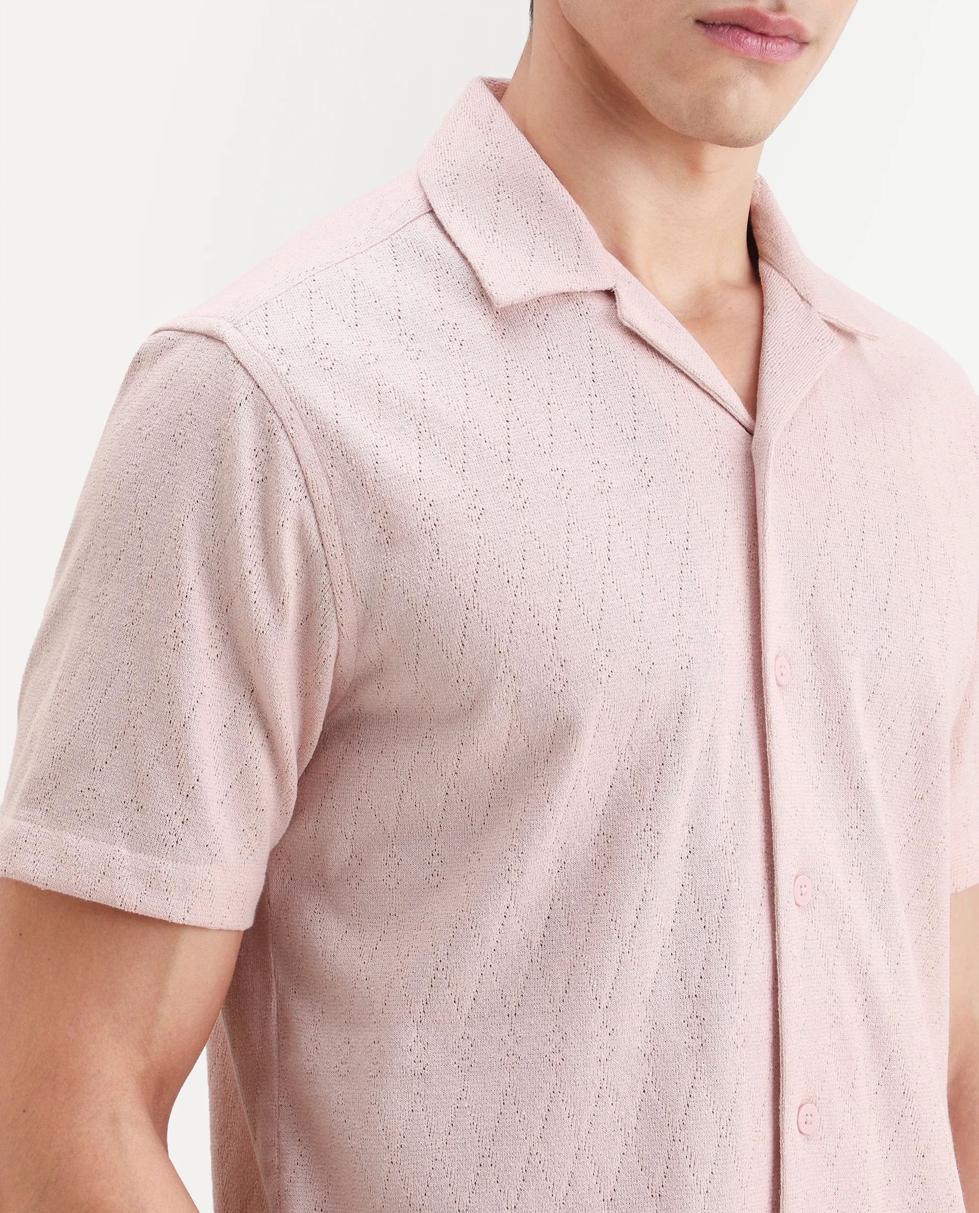 Rare Rabbit Men's Thea Light Pink Cotton Blend Fabric Half Sleeve Cuban Collar Relaxed Fit Jacquard Shirt
