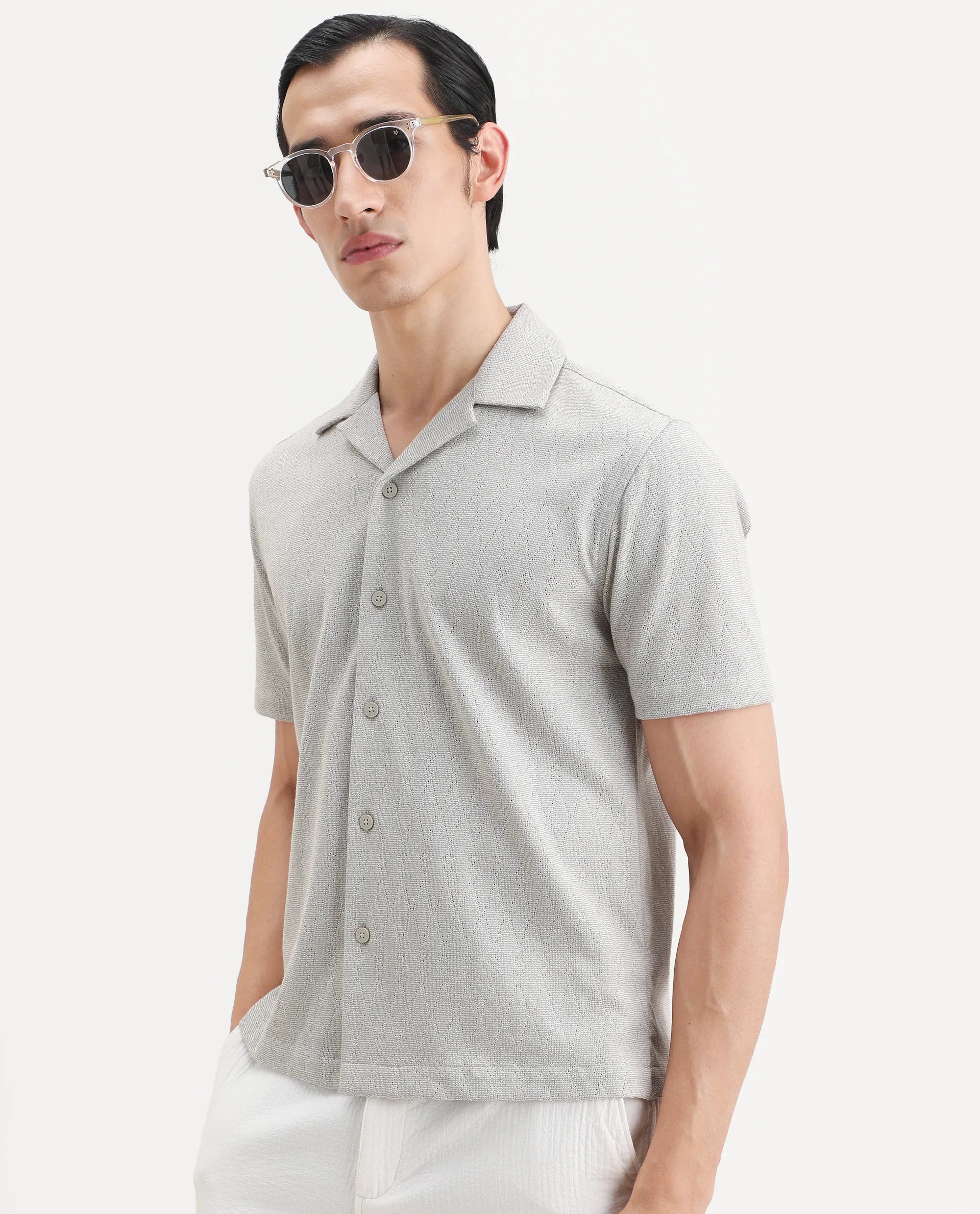Rare Rabbit Men's Thea Light Grey Cotton Blend Fabric Half Sleeve Cuban Collar Relaxed Fit Jacquard Shirt