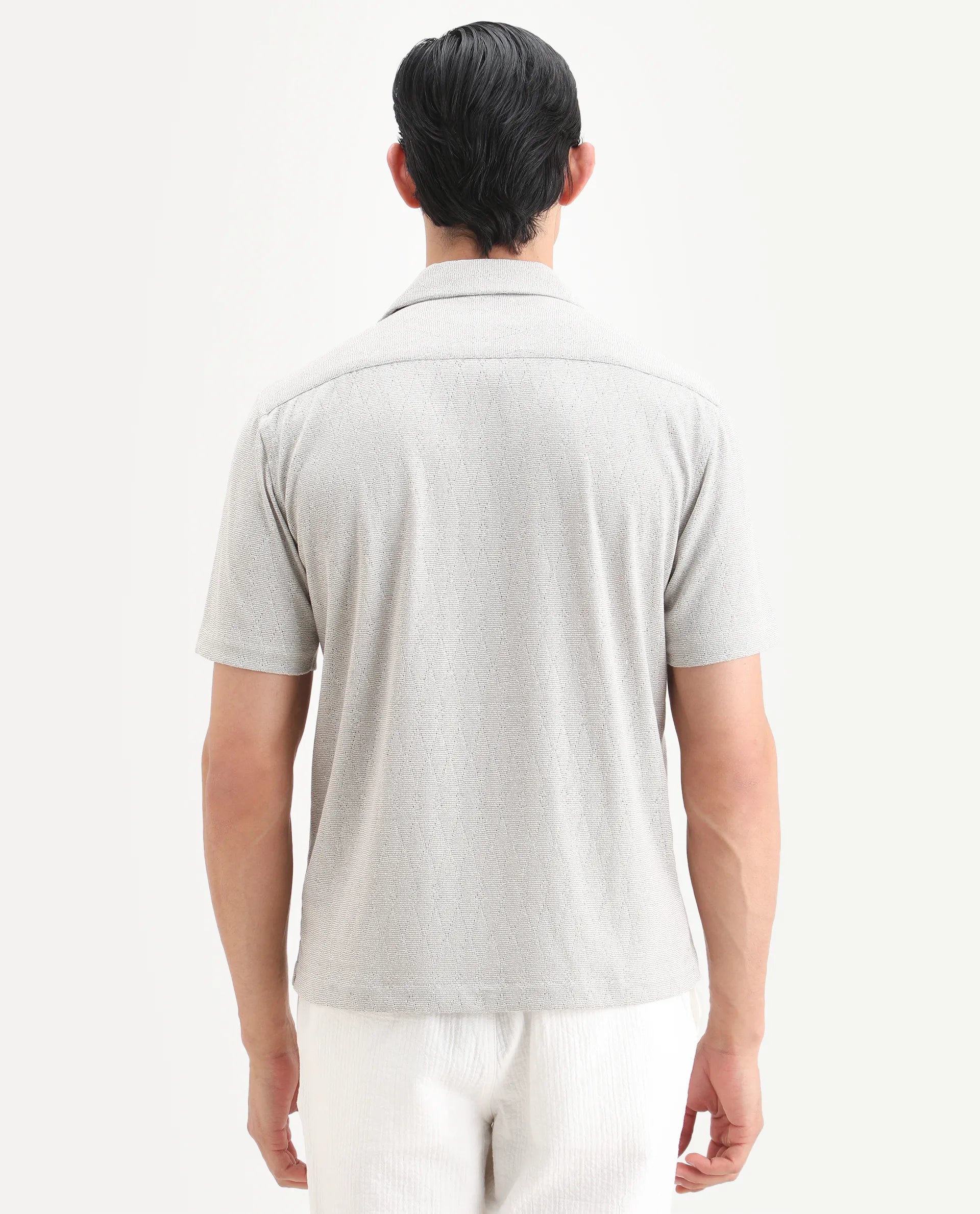 Rare Rabbit Men's Thea Light Grey Cotton Blend Fabric Half Sleeve Cuban Collar Relaxed Fit Jacquard Shirt