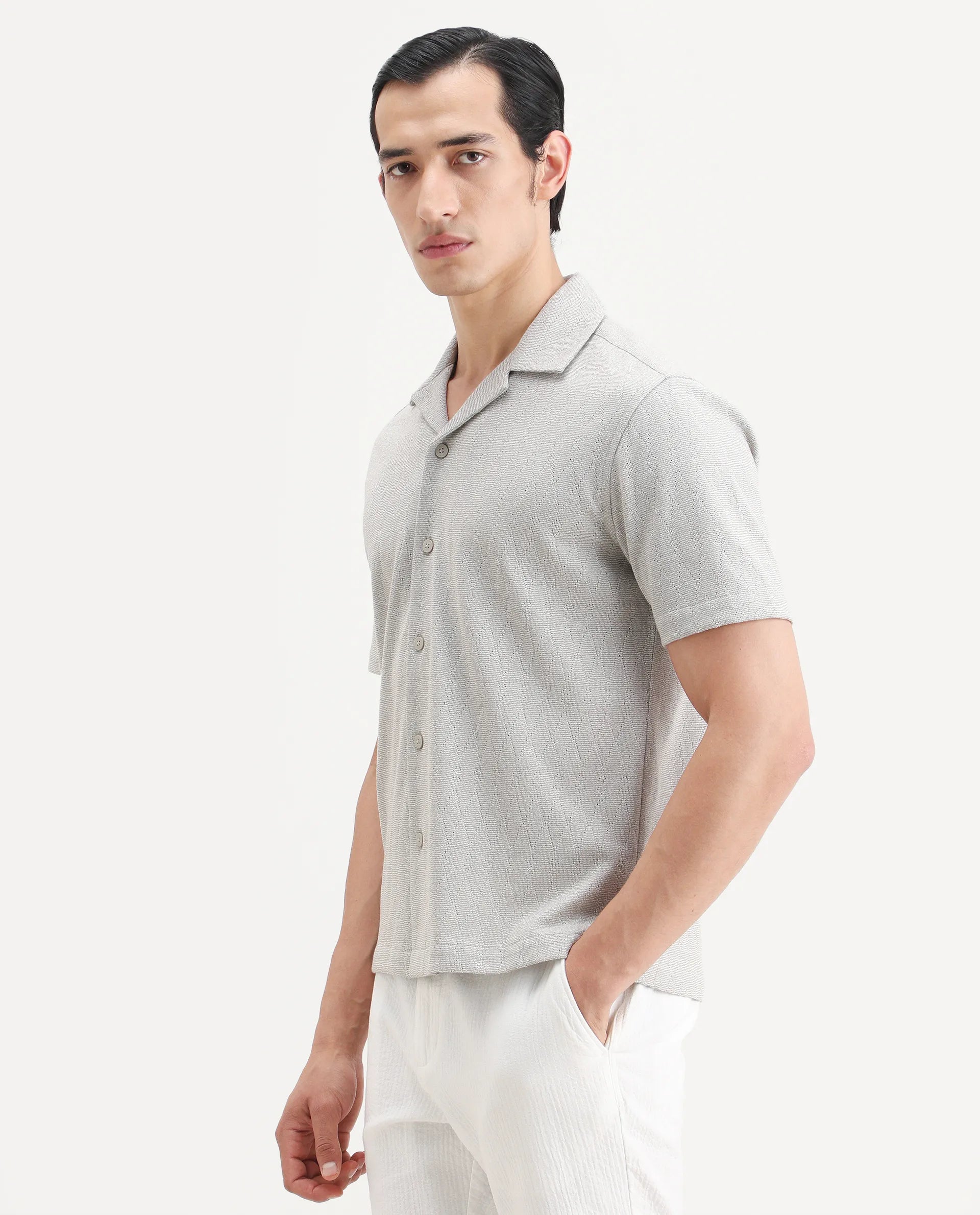 Rare Rabbit Men's Thea Light Grey Cotton Blend Fabric Half Sleeve Cuban Collar Relaxed Fit Jacquard Shirt