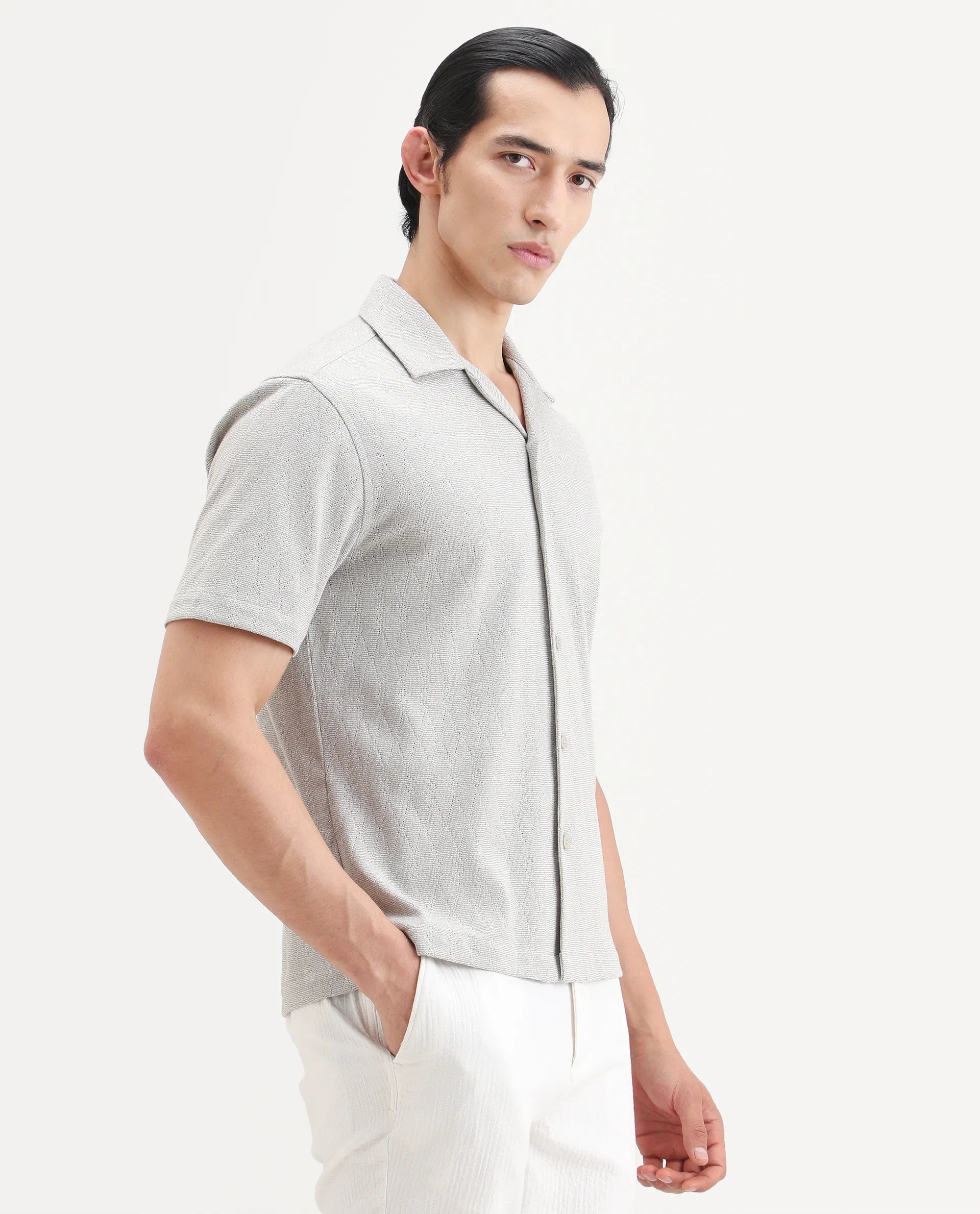 Rare Rabbit Men's Thea Light Grey Cotton Blend Fabric Half Sleeve Cuban Collar Relaxed Fit Jacquard Shirt
