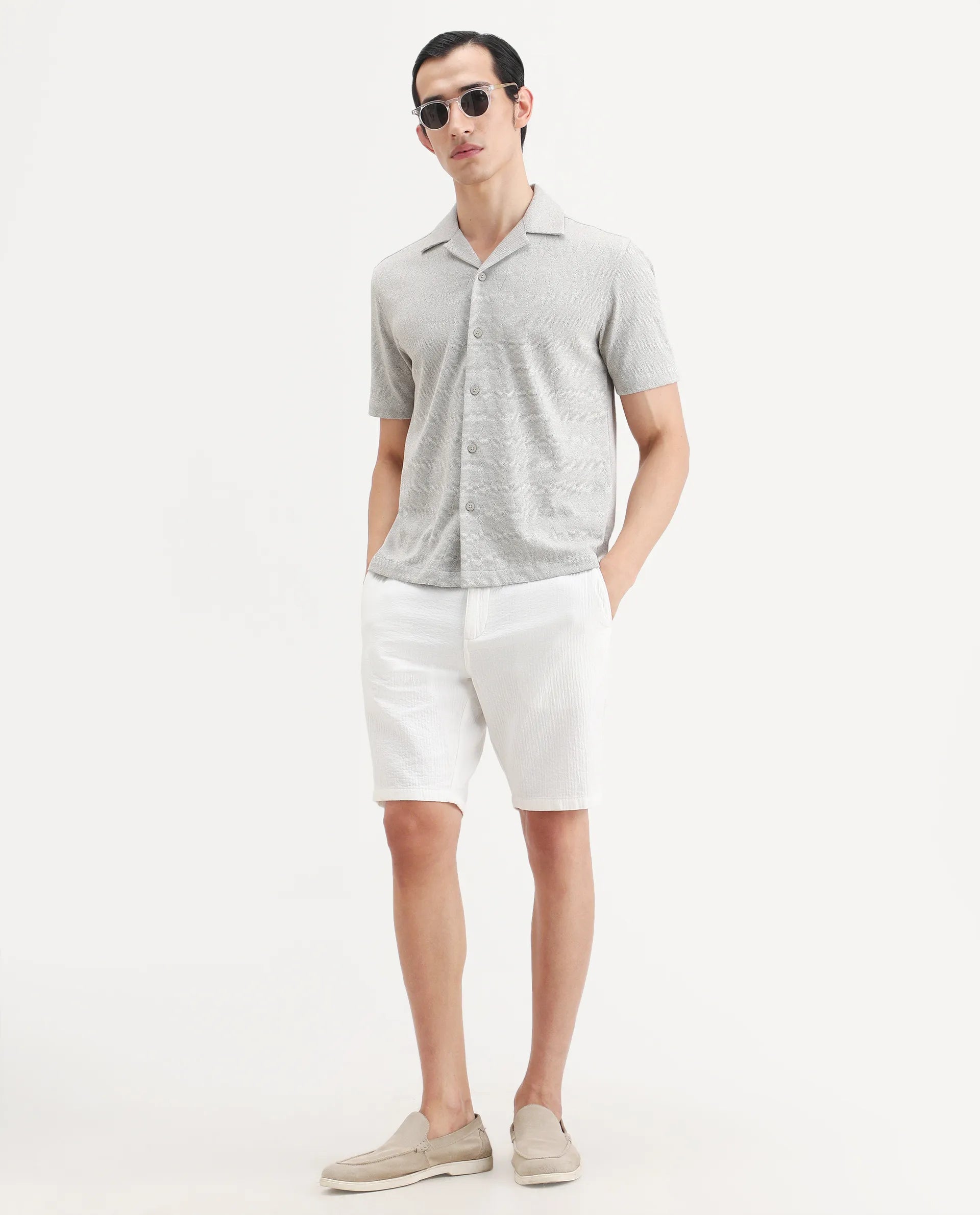 Rare Rabbit Men's Thea Light Grey Cotton Blend Fabric Half Sleeve Cuban Collar Relaxed Fit Jacquard Shirt