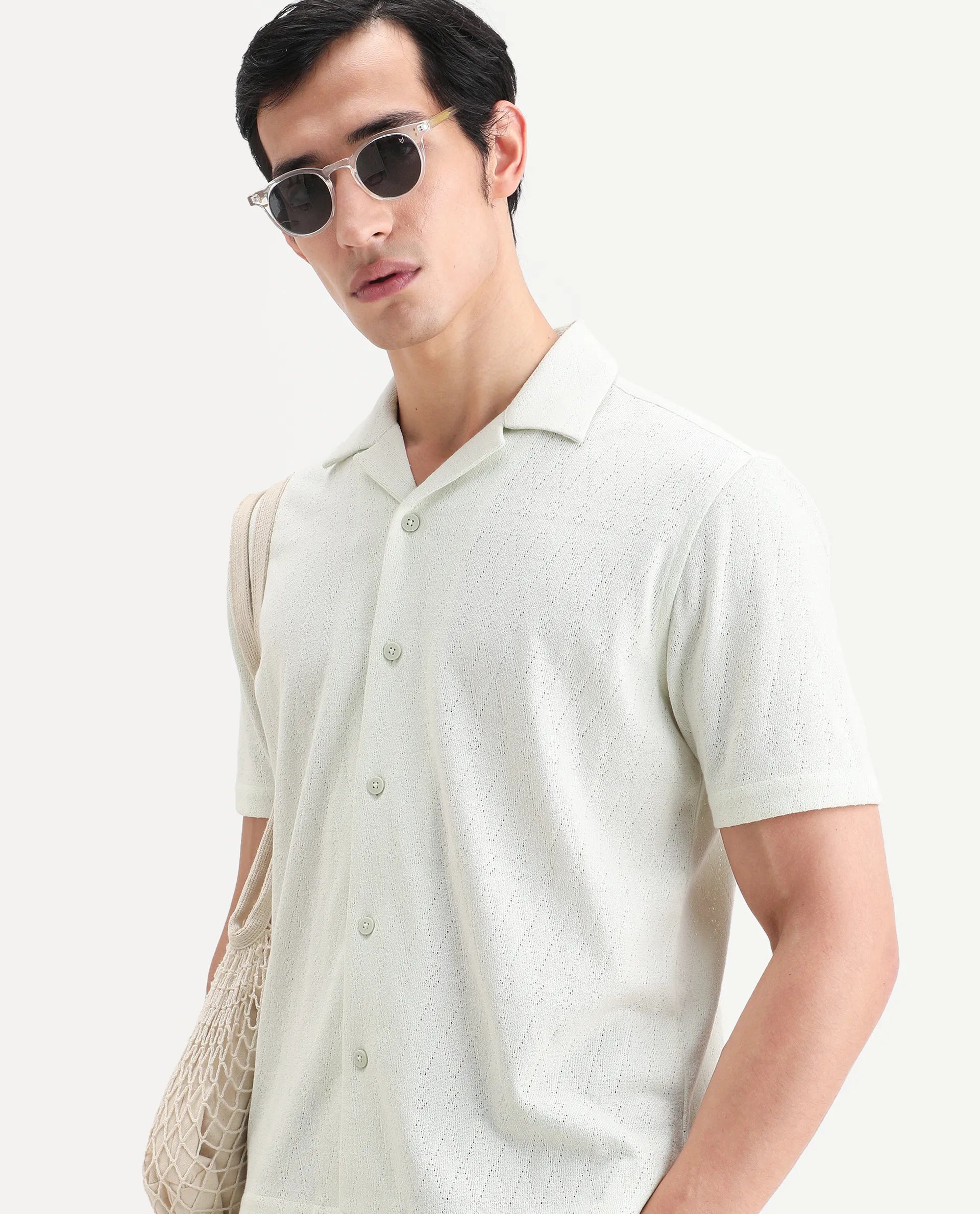 Rare Rabbit Men's Thea Flourscent Green Cotton Blend Fabric Half Sleeve Cuban Collar Relaxed Fit Jacquard Shirt