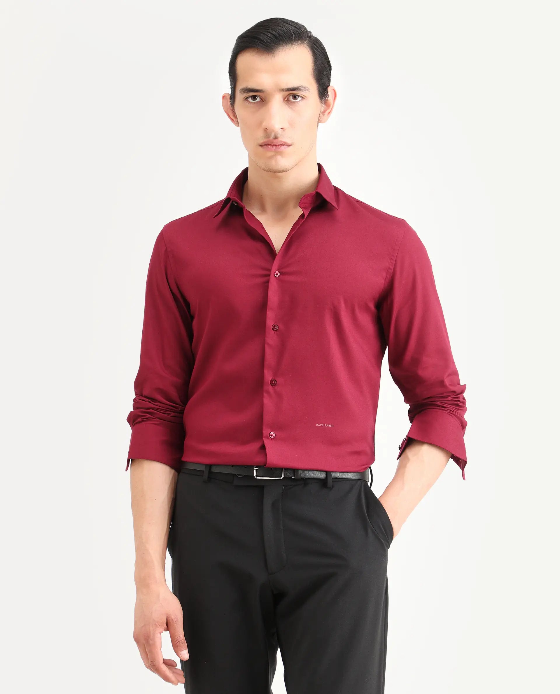 Rare Rabbit Men's Essonn Dark Red Cotton Blend Fabric Full Sleeve Spread Collar Regular Fit Plain Shirt