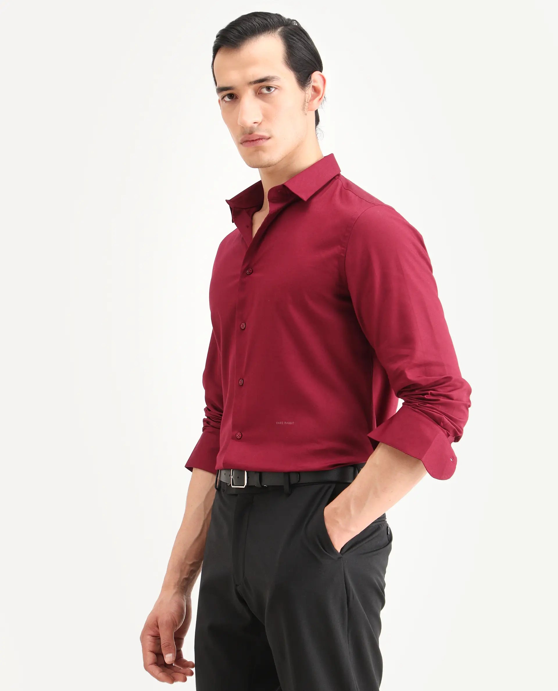 Rare Rabbit Men's Essonn Dark Red Cotton Blend Fabric Full Sleeve Spread Collar Regular Fit Plain Shirt