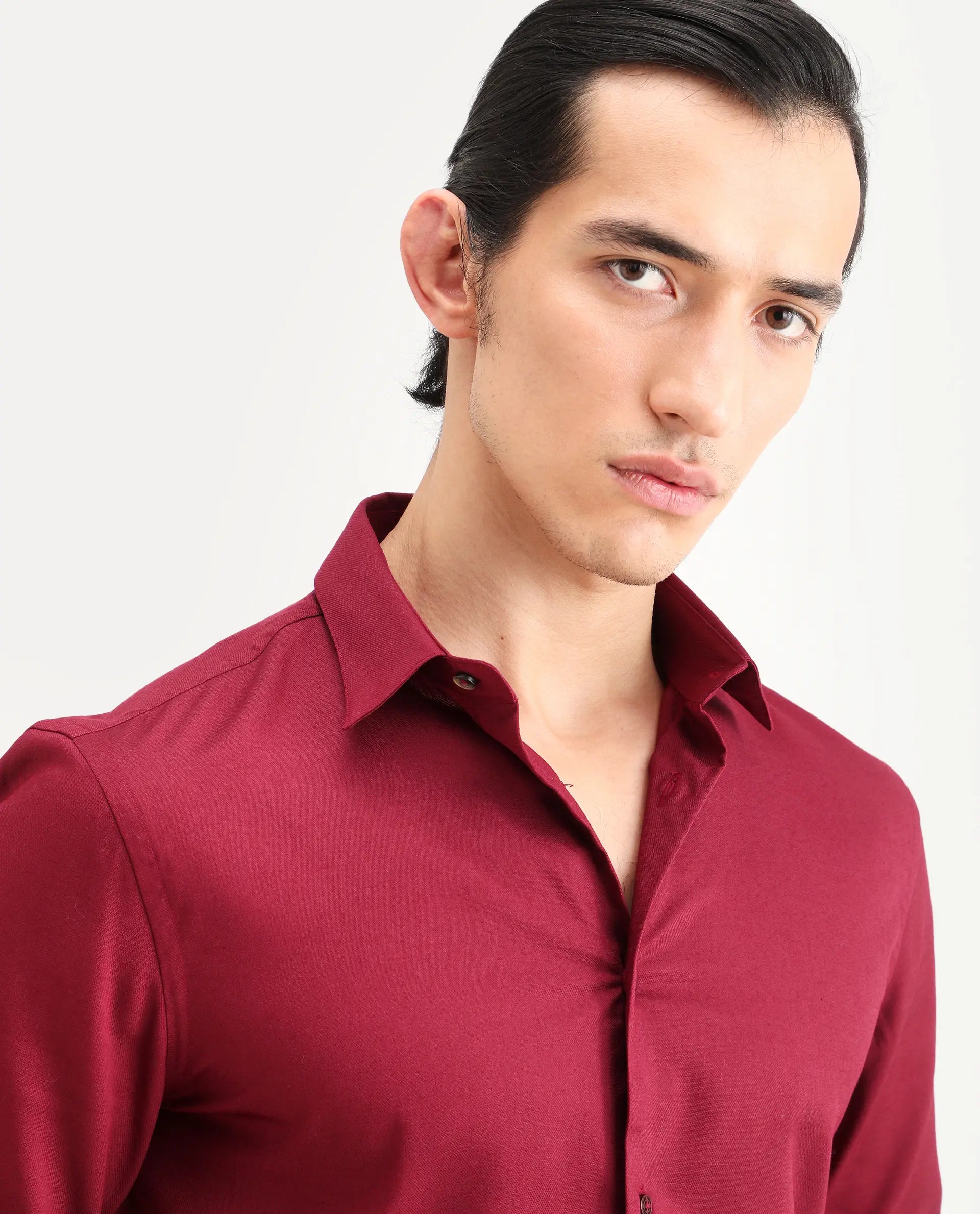 Rare Rabbit Men's Essonn Dark Red Cotton Blend Fabric Full Sleeve Spread Collar Regular Fit Plain Shirt