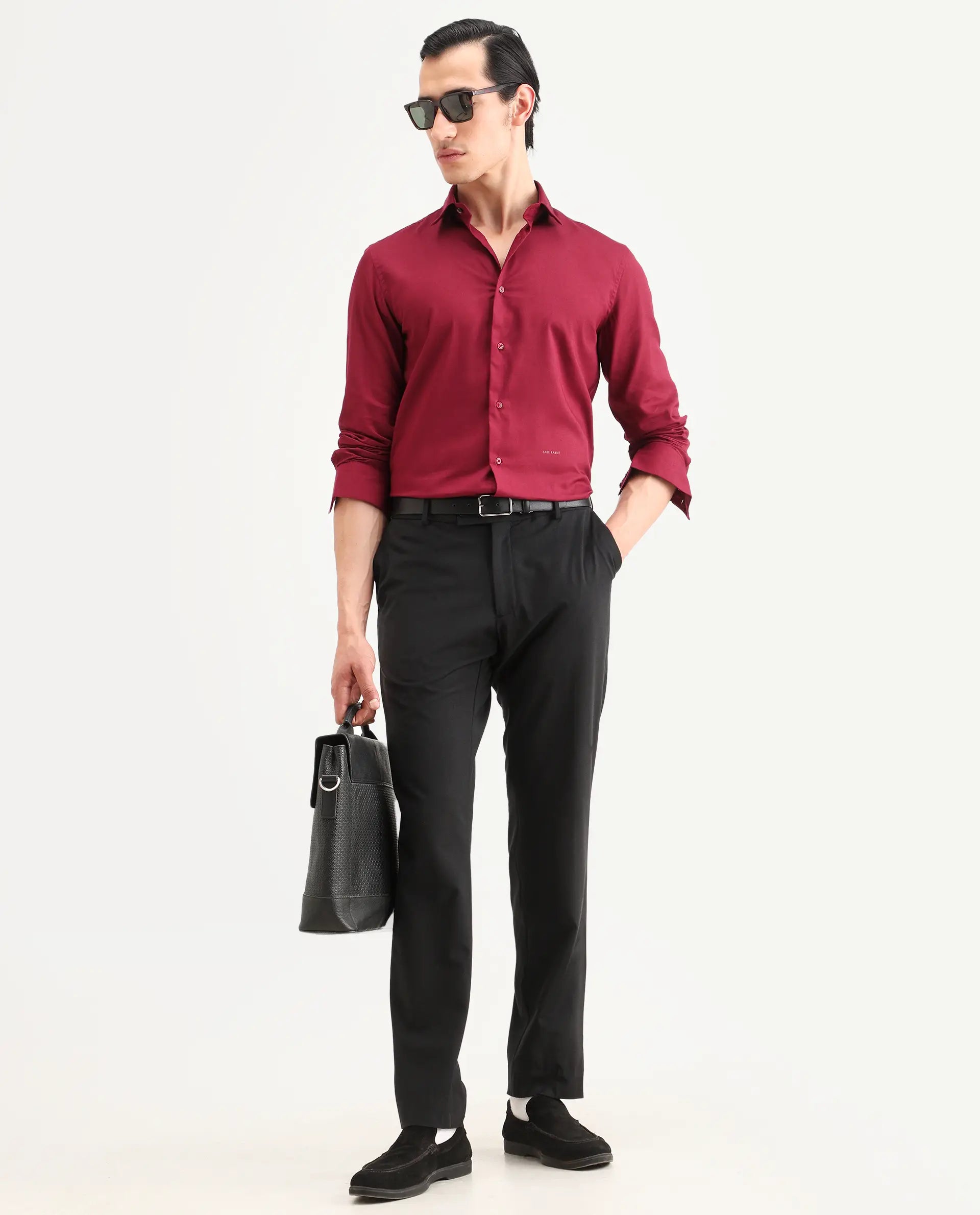 Rare Rabbit Men's Essonn Dark Red Cotton Blend Fabric Full Sleeve Spread Collar Regular Fit Plain Shirt