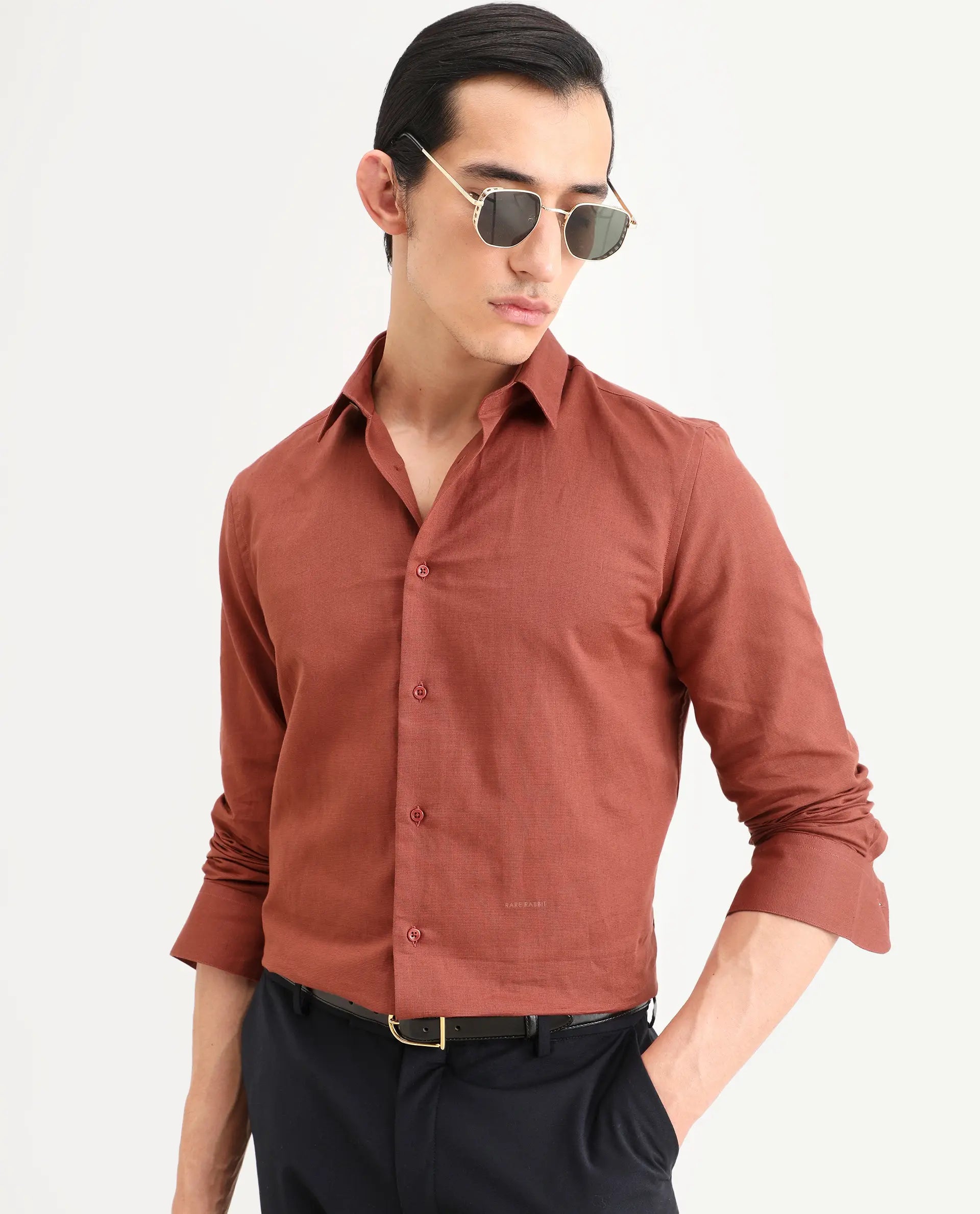 Rare Rabbit Men's Linox Light Rust Linen Blend Fabric Full Sleeve Spread Collar Regular Fit Plain Shirt