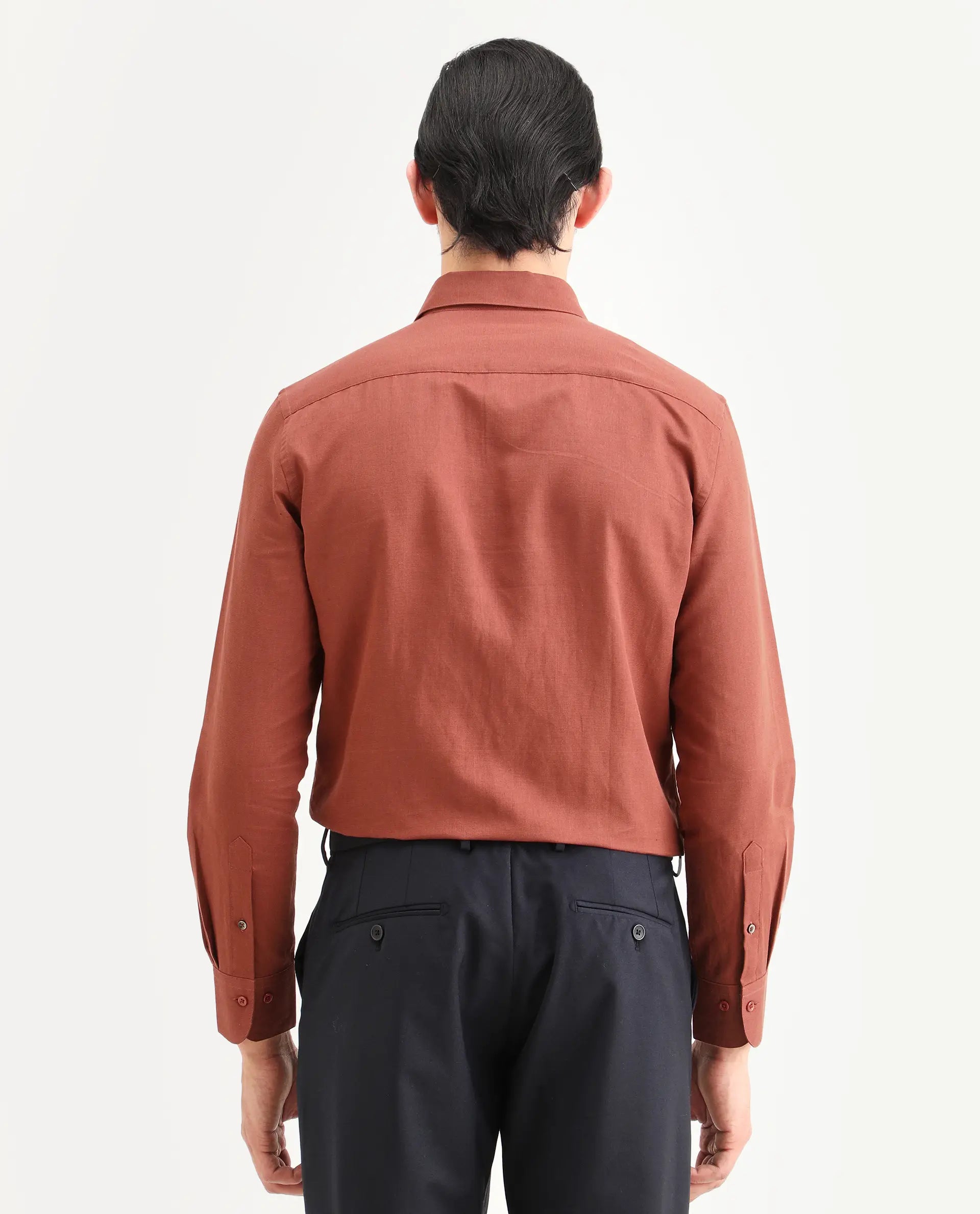 Rare Rabbit Men's Linox Light Rust Linen Blend Fabric Full Sleeve Spread Collar Regular Fit Plain Shirt