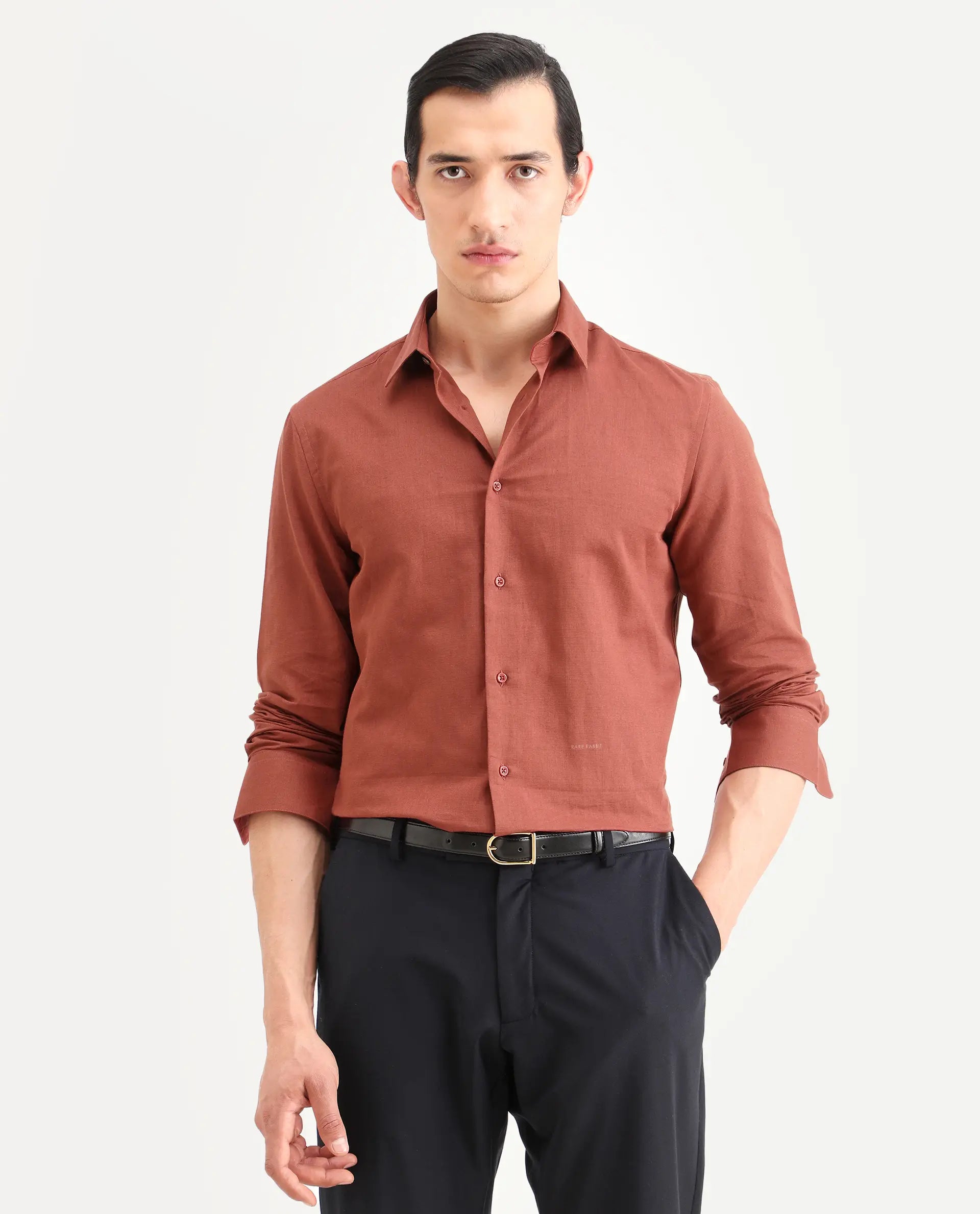 Rare Rabbit Men's Linox Light Rust Linen Blend Fabric Full Sleeve Spread Collar Regular Fit Plain Shirt