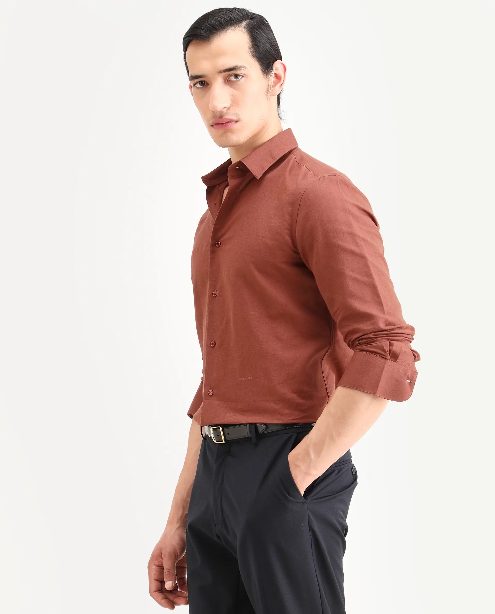 Rare Rabbit Men's Linox Light Rust Linen Blend Fabric Full Sleeve Spread Collar Regular Fit Plain Shirt
