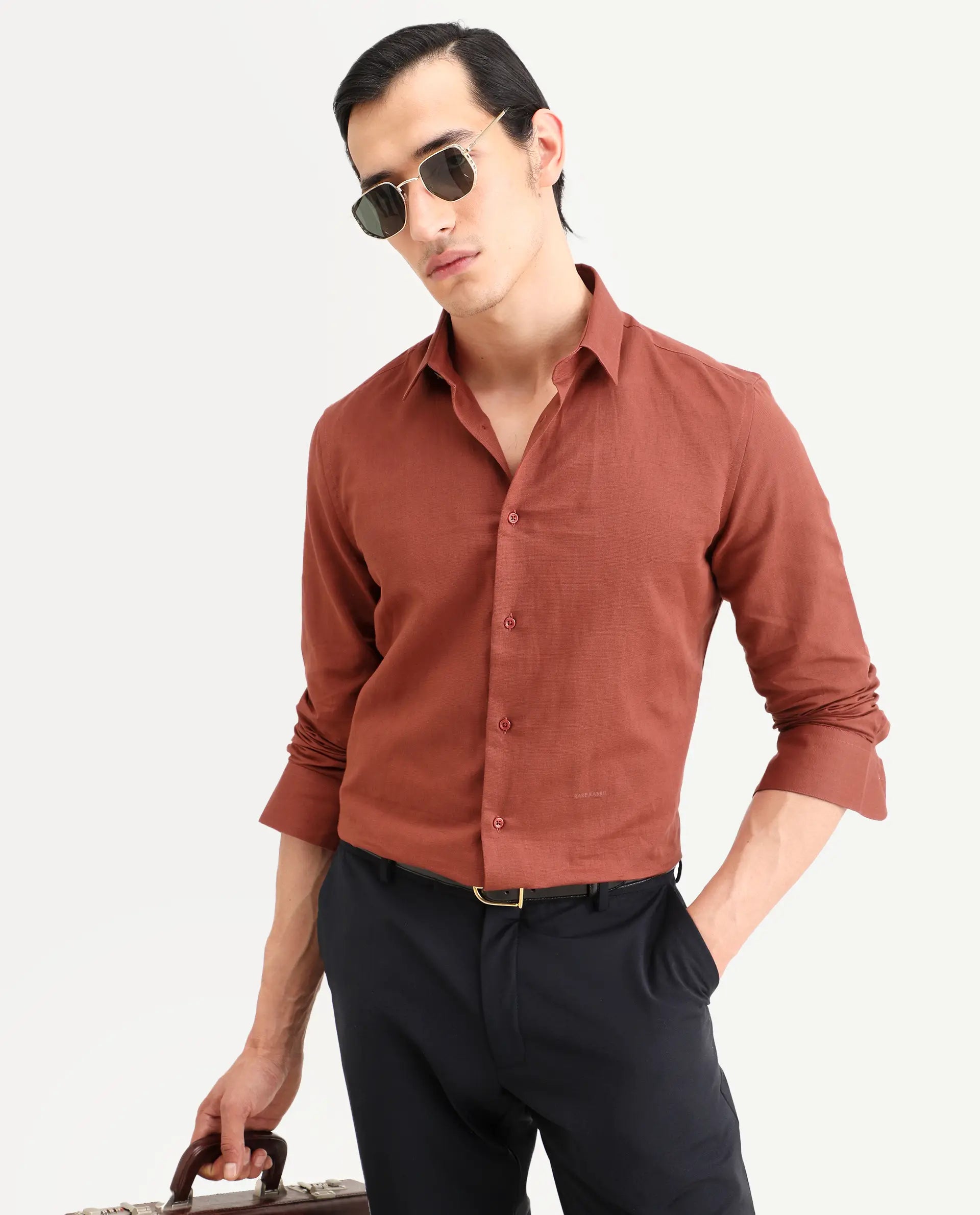 Rare Rabbit Men's Linox Light Rust Linen Blend Fabric Full Sleeve Spread Collar Regular Fit Plain Shirt