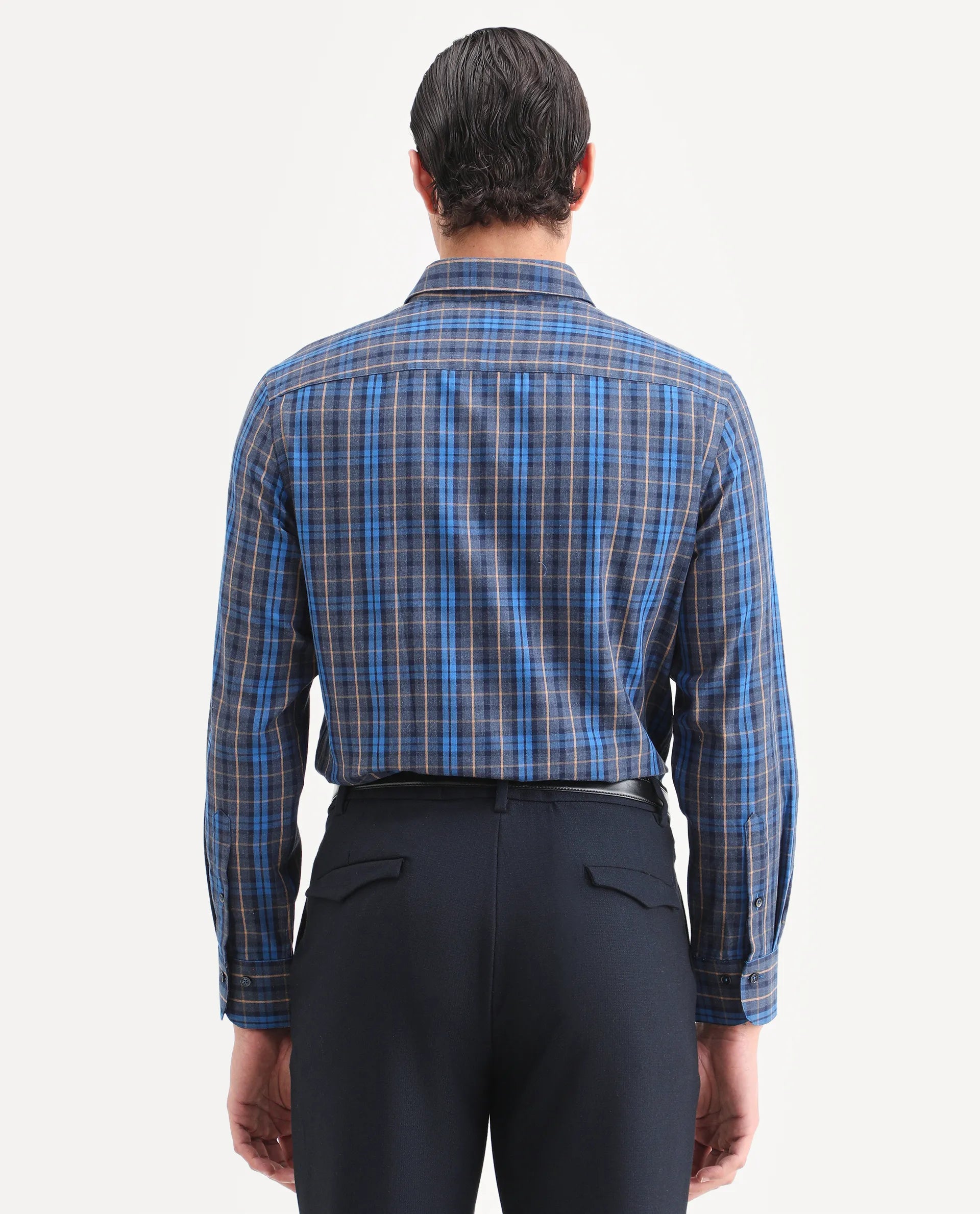 Rare Rabbit Men's Aaxel Dark Blue Cotton Blend Fabric Full Sleeve Spread Collar Regular Fit Checked Shirt