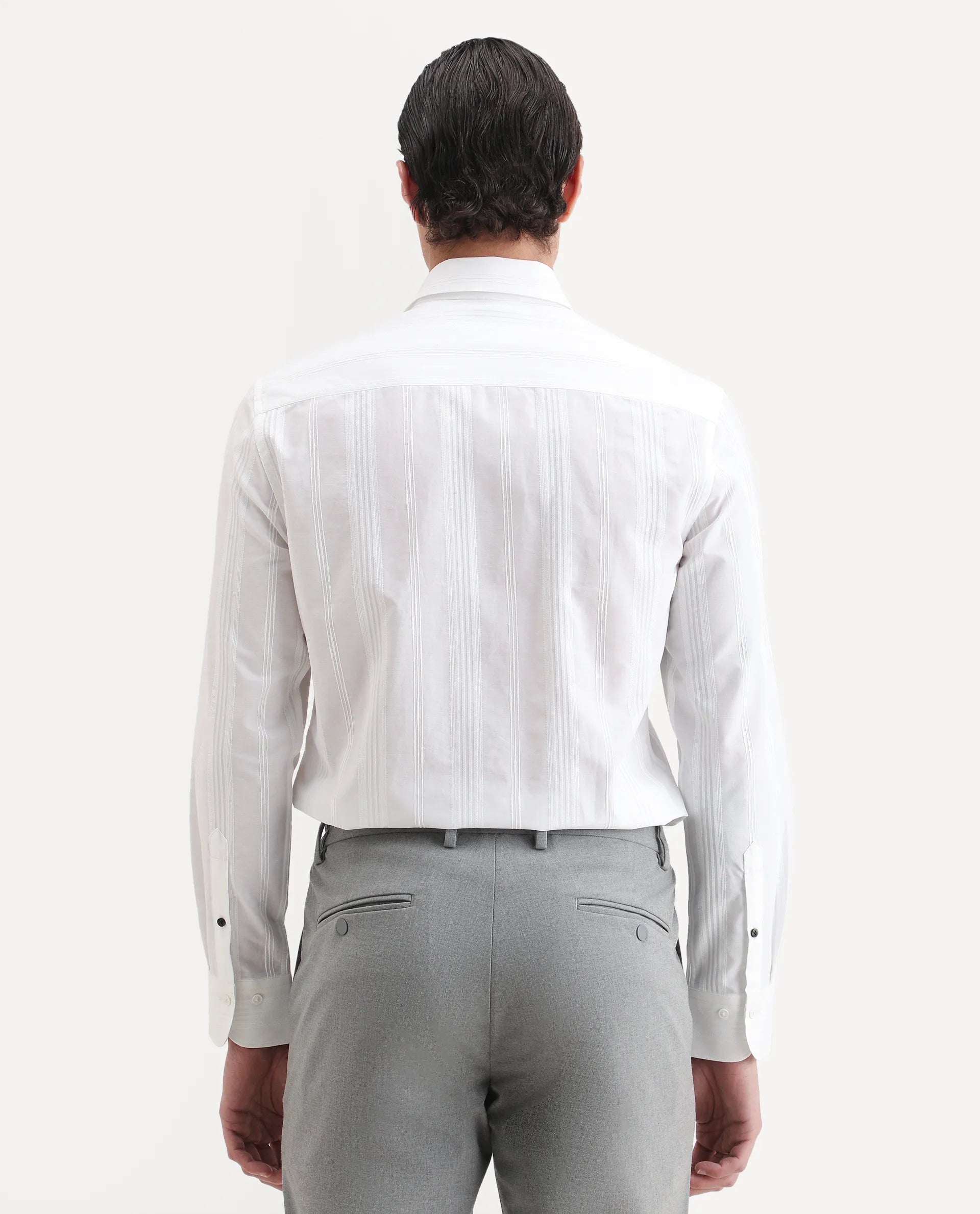 Rare Rabbit Men's Dobbler White Cotton Fabric Full Sleeve Spread Collar Regular Fit Striped Shirt
