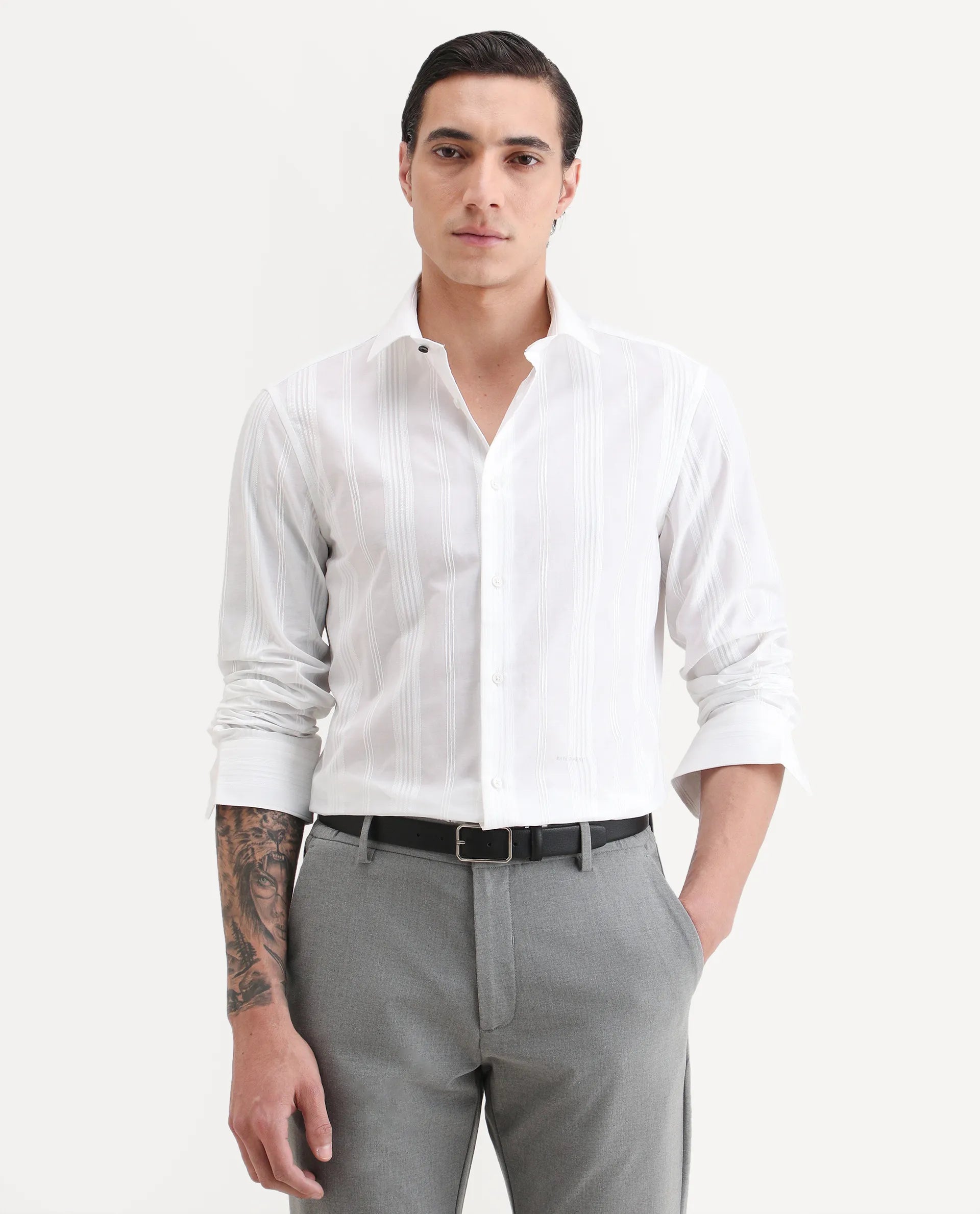 Rare Rabbit Men's Dobbler White Cotton Fabric Full Sleeve Spread Collar Regular Fit Striped Shirt