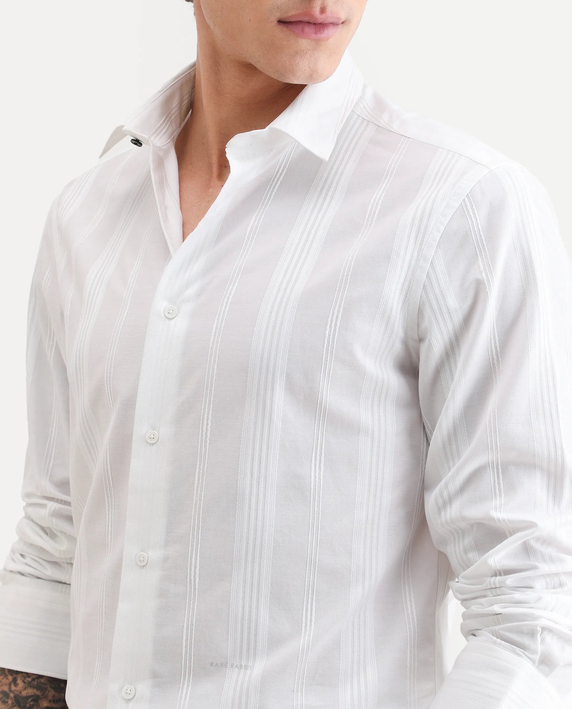 Rare Rabbit Men's Dobbler White Cotton Fabric Full Sleeve Spread Collar Regular Fit Striped Shirt