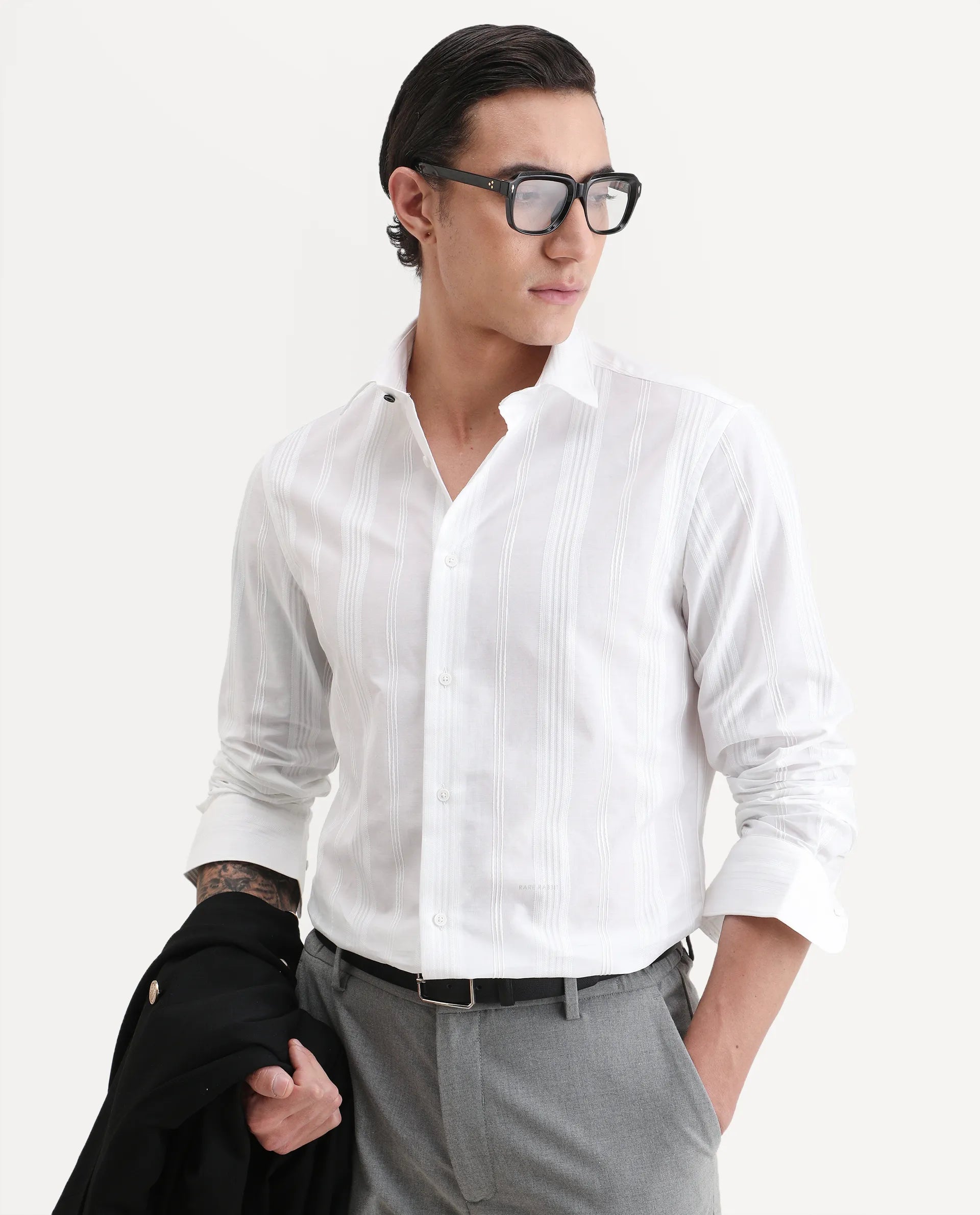 Rare Rabbit Men's Dobbler White Cotton Fabric Full Sleeve Spread Collar Regular Fit Striped Shirt