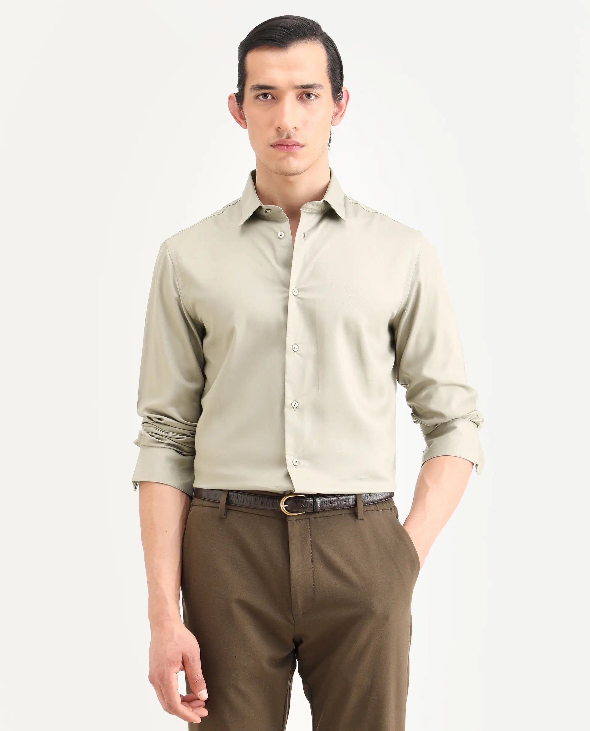 Rare Rabbit Men's Essonn Khaki Cotton Blend Fabric Full Sleeve Spread Collar Regular Fit Plain Shirt