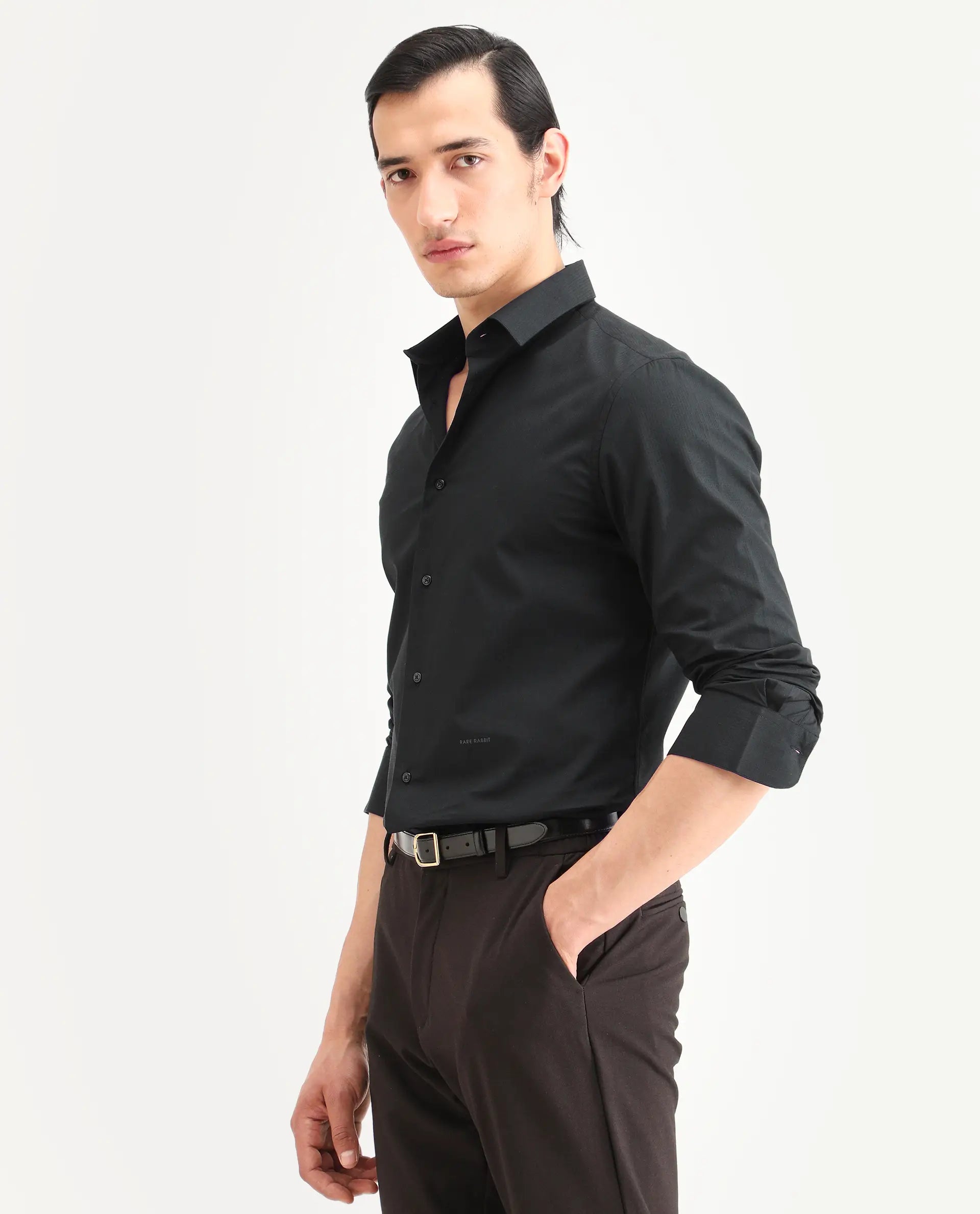 Rare Rabbit Men's Bains Black Cotton Fabric Full Sleeve Spread Collar Regular Fit Plain Shirt