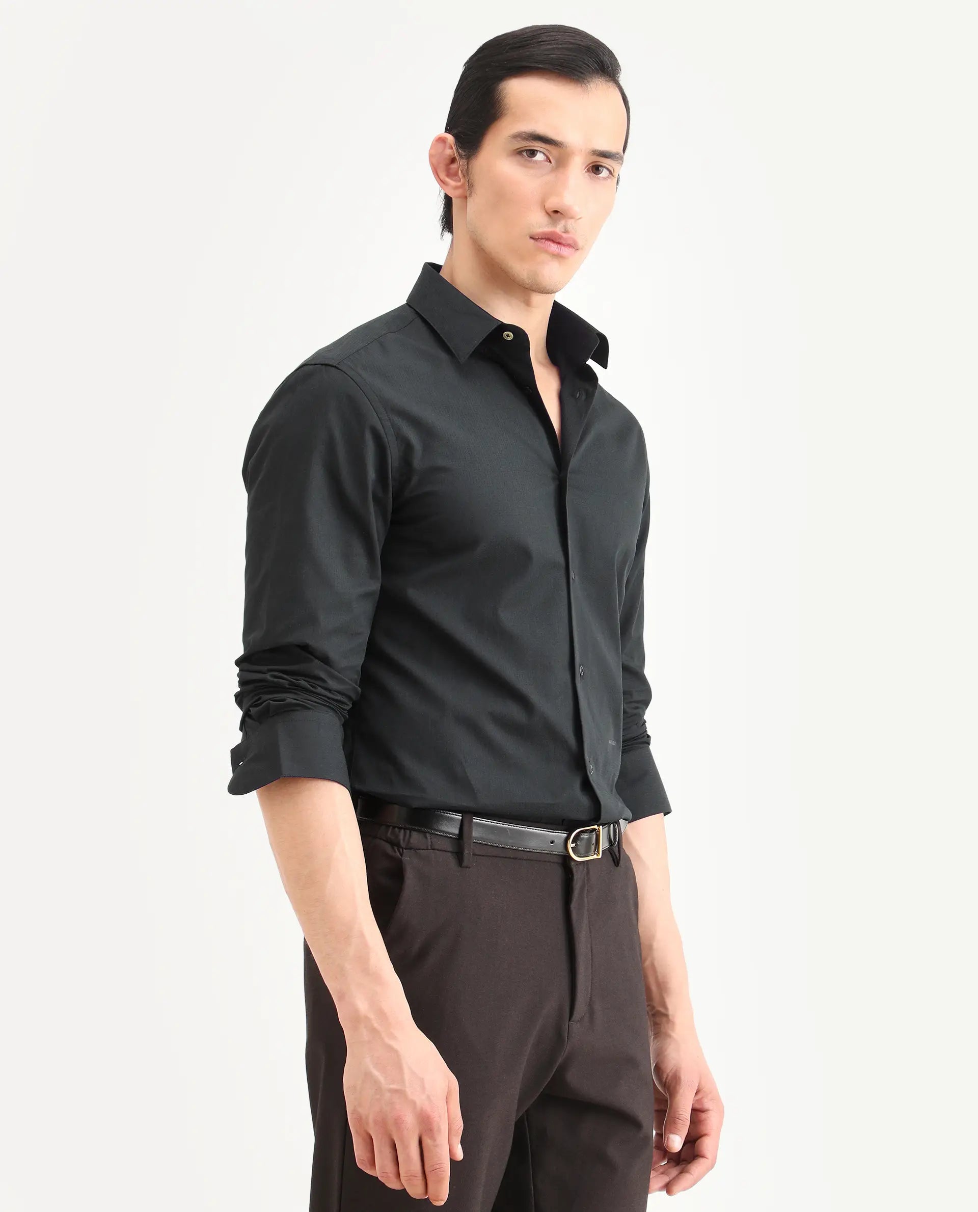 Rare Rabbit Men's Bains Black Cotton Fabric Full Sleeve Spread Collar Regular Fit Plain Shirt