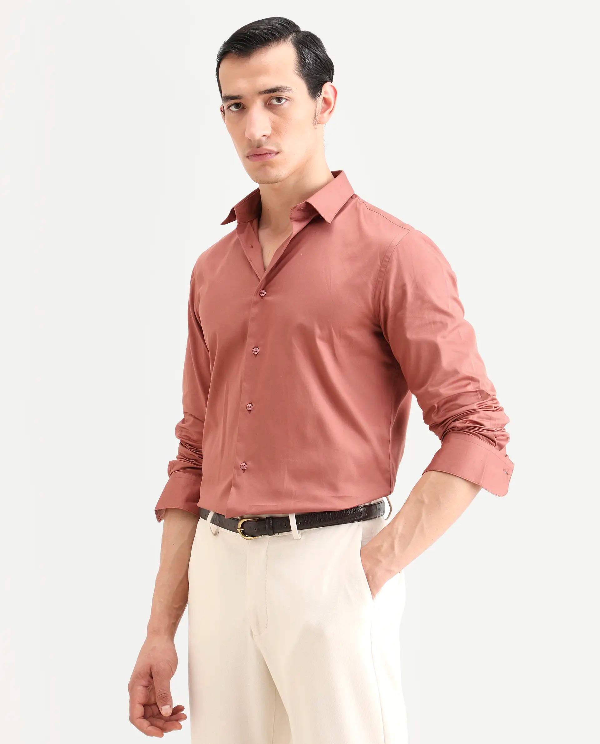 Rare Rabbit Men's Amask Dusky Rust Cotton Fabric Full Sleeve Spread Collar Regular Fit Plain Shirt