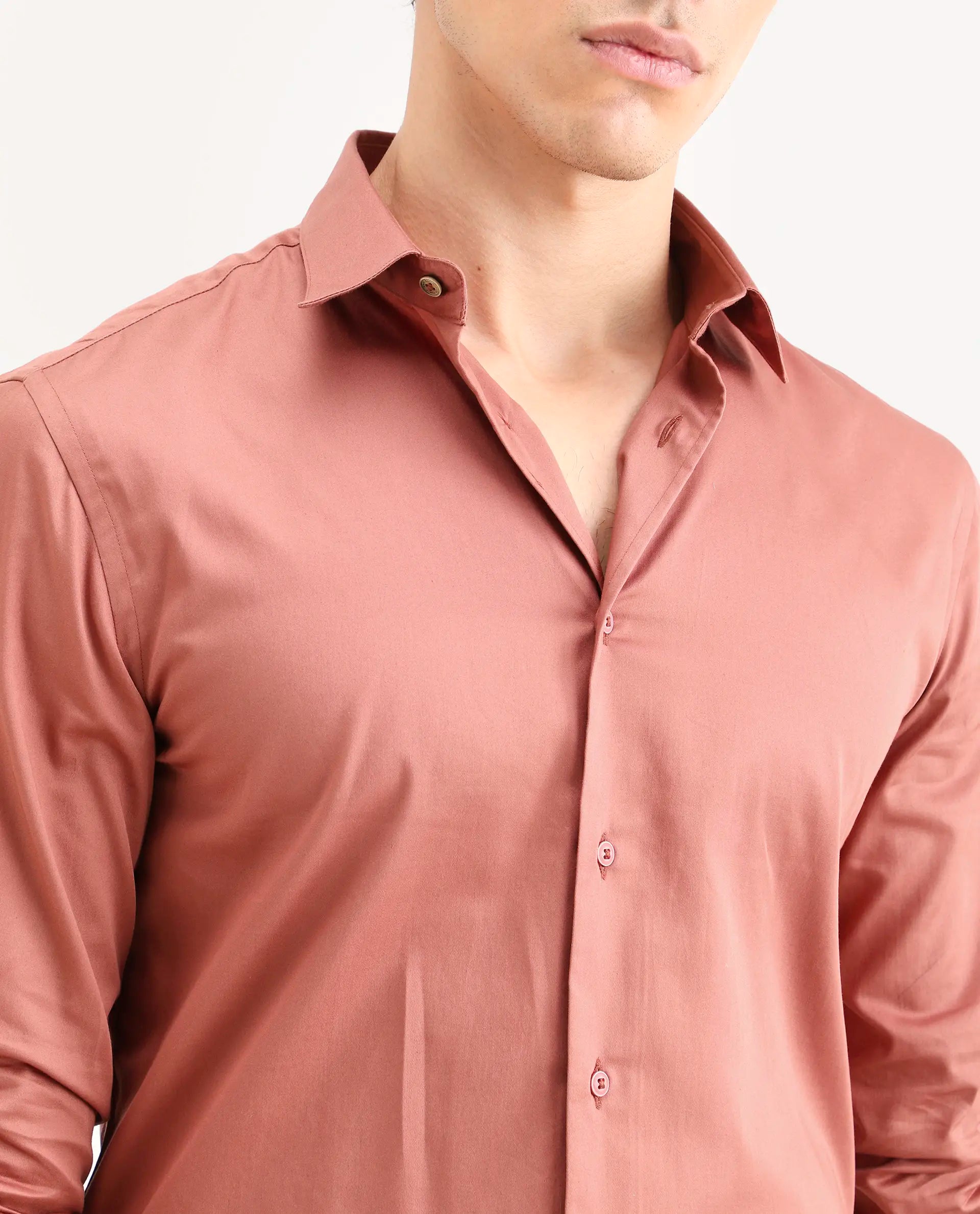 Rare Rabbit Men's Amask Dusky Rust Cotton Fabric Full Sleeve Spread Collar Regular Fit Plain Shirt