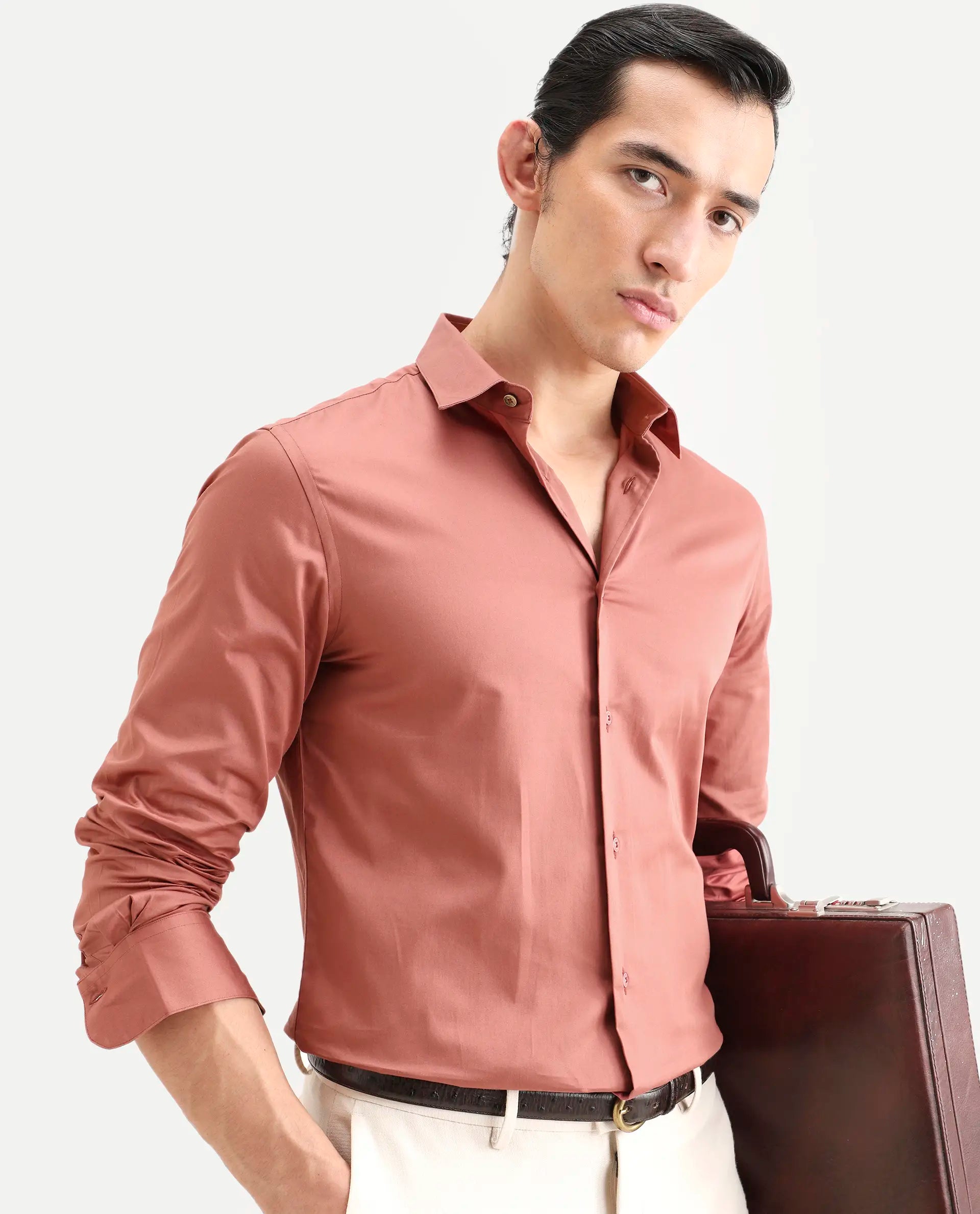 Rare Rabbit Men's Amask Dusky Rust Cotton Fabric Full Sleeve Spread Collar Regular Fit Plain Shirt
