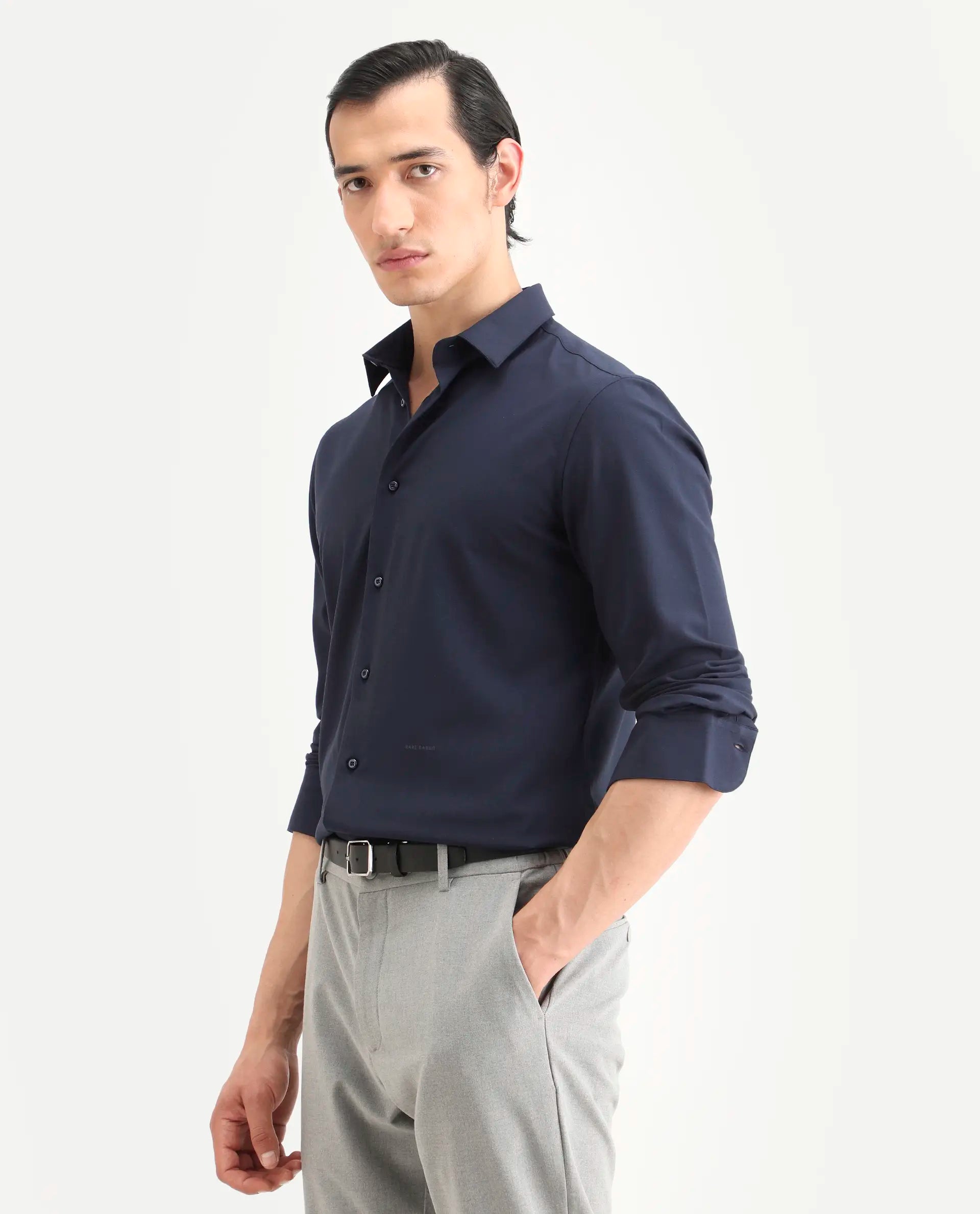 Rare Rabbit Men's Benee Dark Navy Polyester Blend Fabric Full Sleeve Spread Collar Regular Fit Plain Shirt