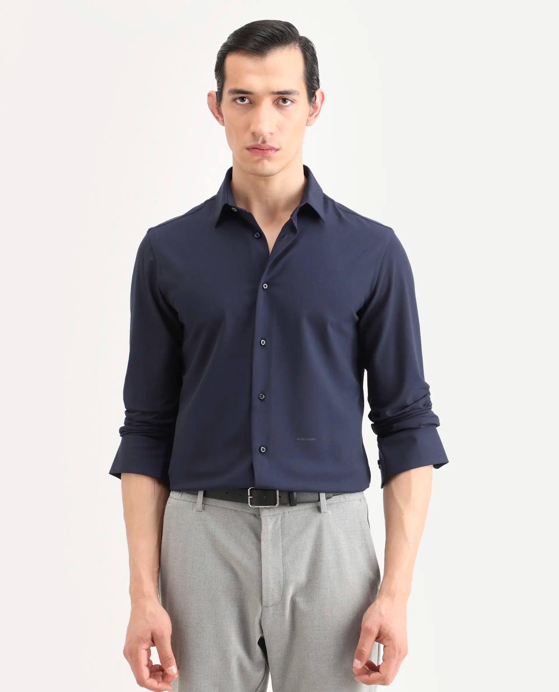 Rare Rabbit Men's Benee Dark Navy Polyester Blend Fabric Full Sleeve Spread Collar Regular Fit Plain Shirt