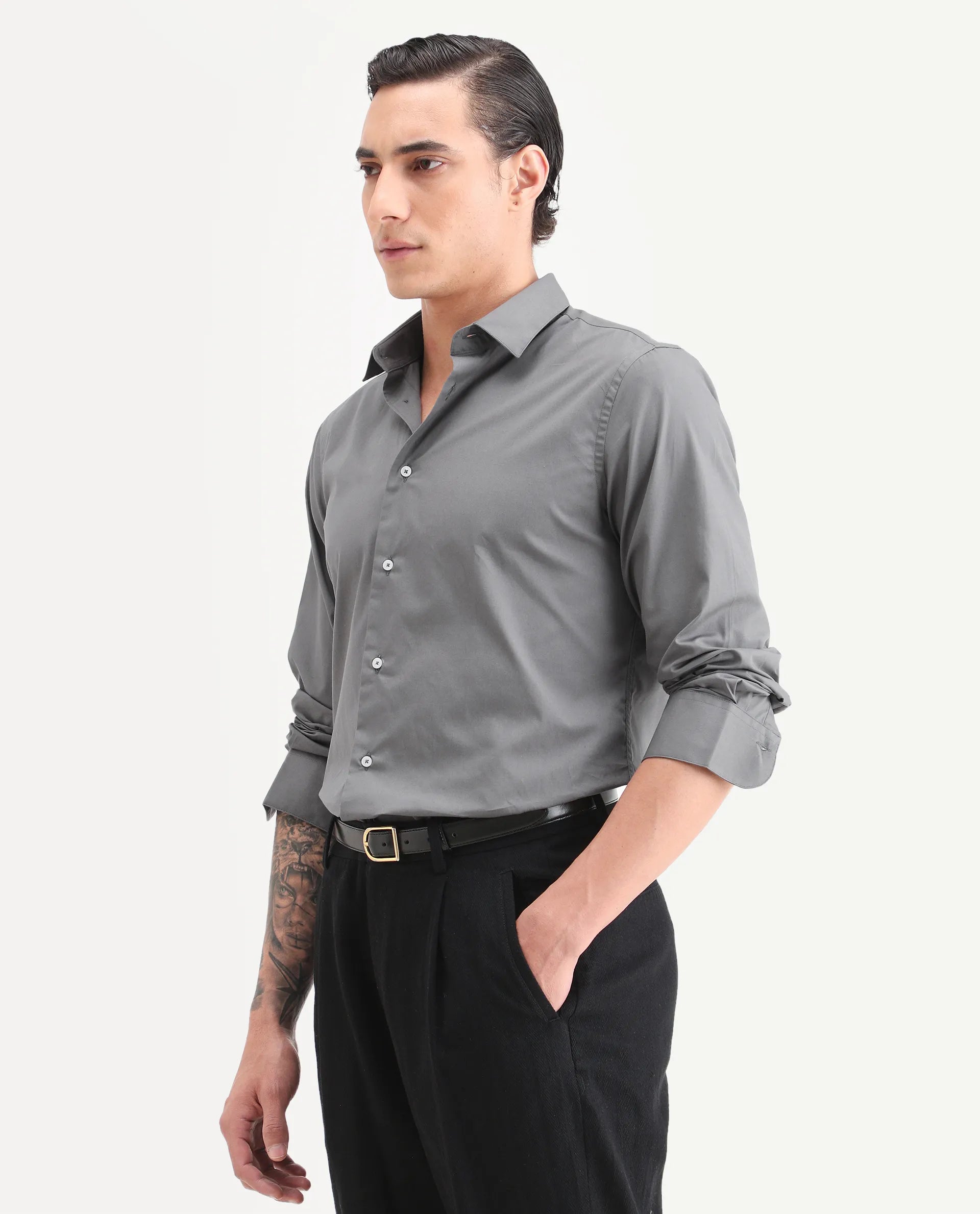 Rare Rabbit Men's Copz Dark Grey Cotton Fabric Full Sleeve Spread Collar Regular Fit Plain Shirt